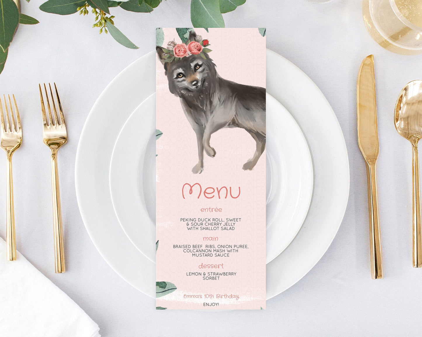 Editable Wolf Menu Wolf Menu Template Pastel Floral Wolf Table Decor Forest