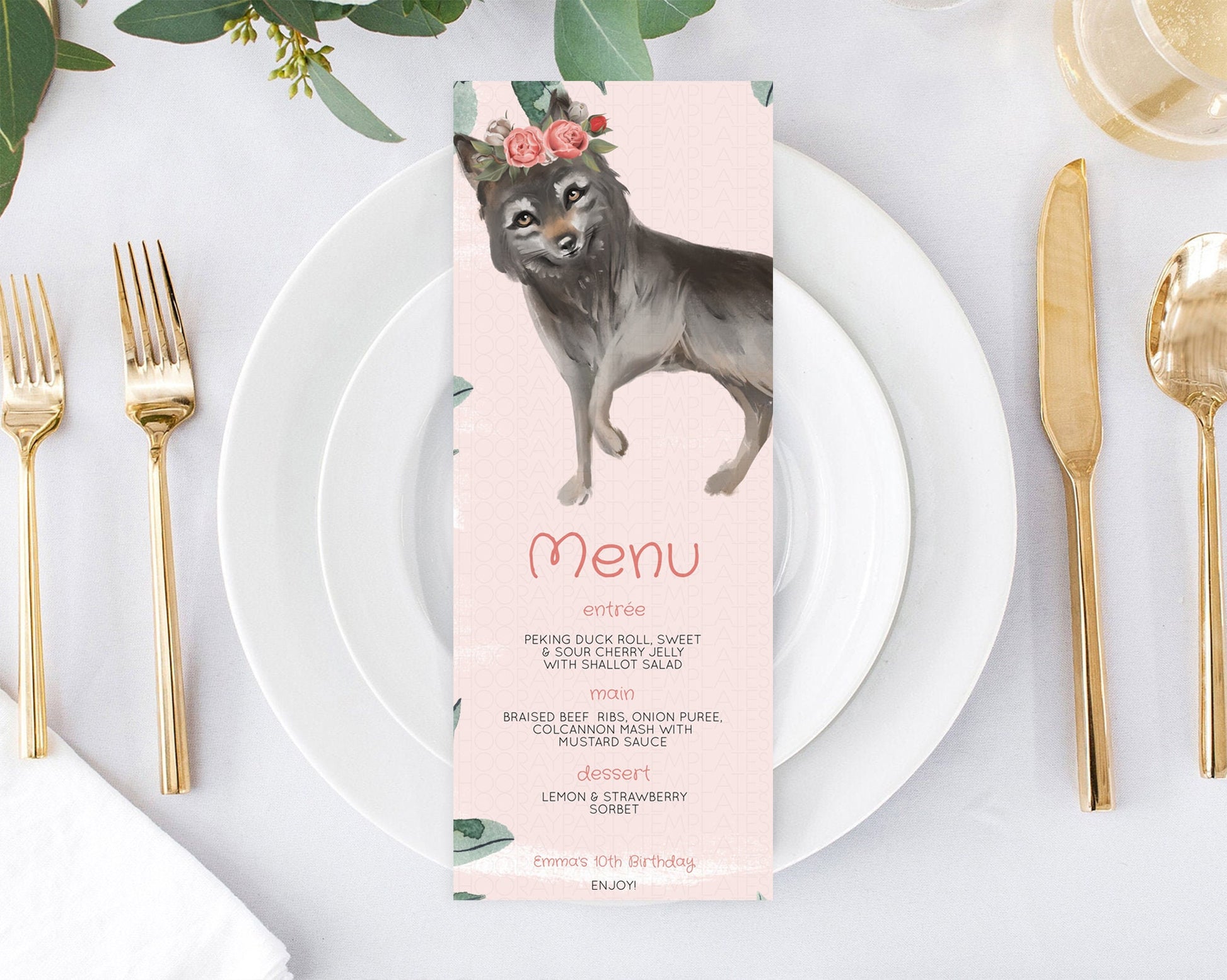 Editable Wolf Menu Wolf Menu Template Pastel Floral Wolf Table Decor Forest