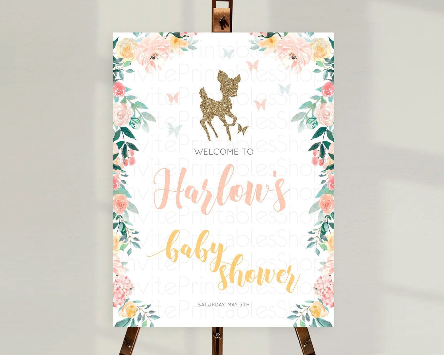 Fawn Baby Shower Welcome Sign Deer Welcome Board Floral Deer Welcome Poster Enchanted Forest Butterfly Pastel Floral Welcome Sign D10874