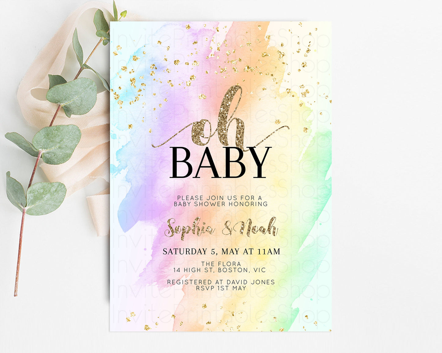 Rainbow Baby Shower Invitation Pastel Watercolor Invitation Ombre Splash Invite Glitter Confetti Sprinkles Colorful Gender Neutral 604v2