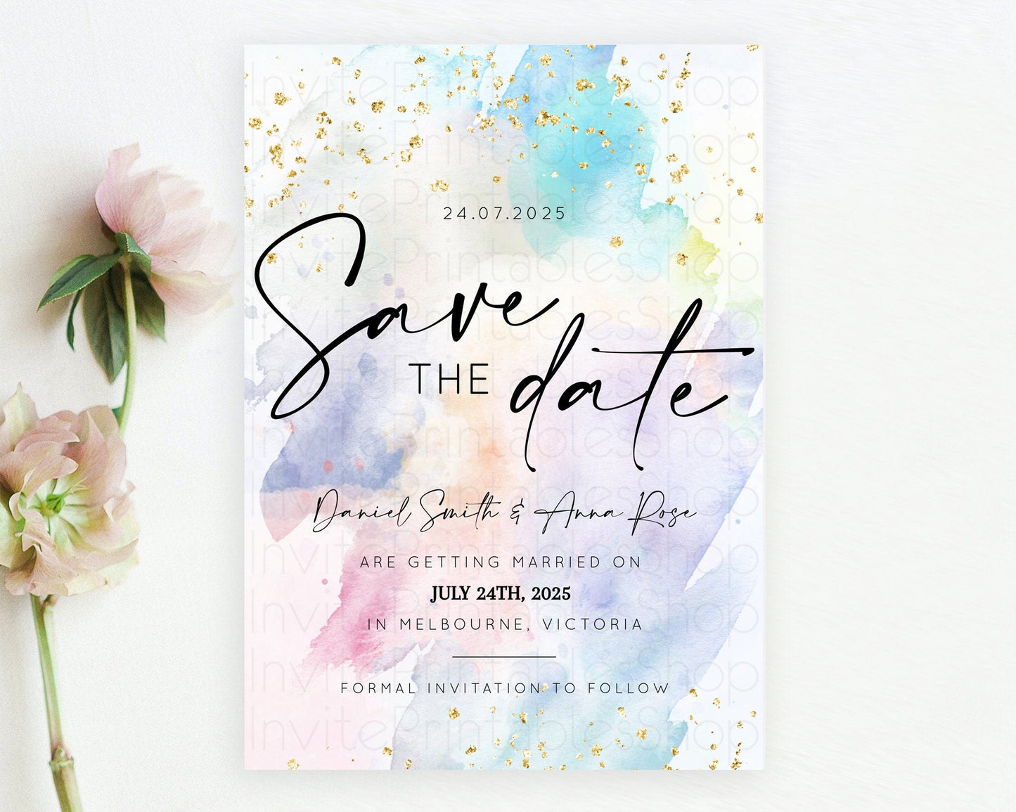 Pastel Save The Date Template Pastel Ombre Rainbow Watercolor Colorful Party For Birthday Baptism Baby Shower Wedding Bridal Shower D10420