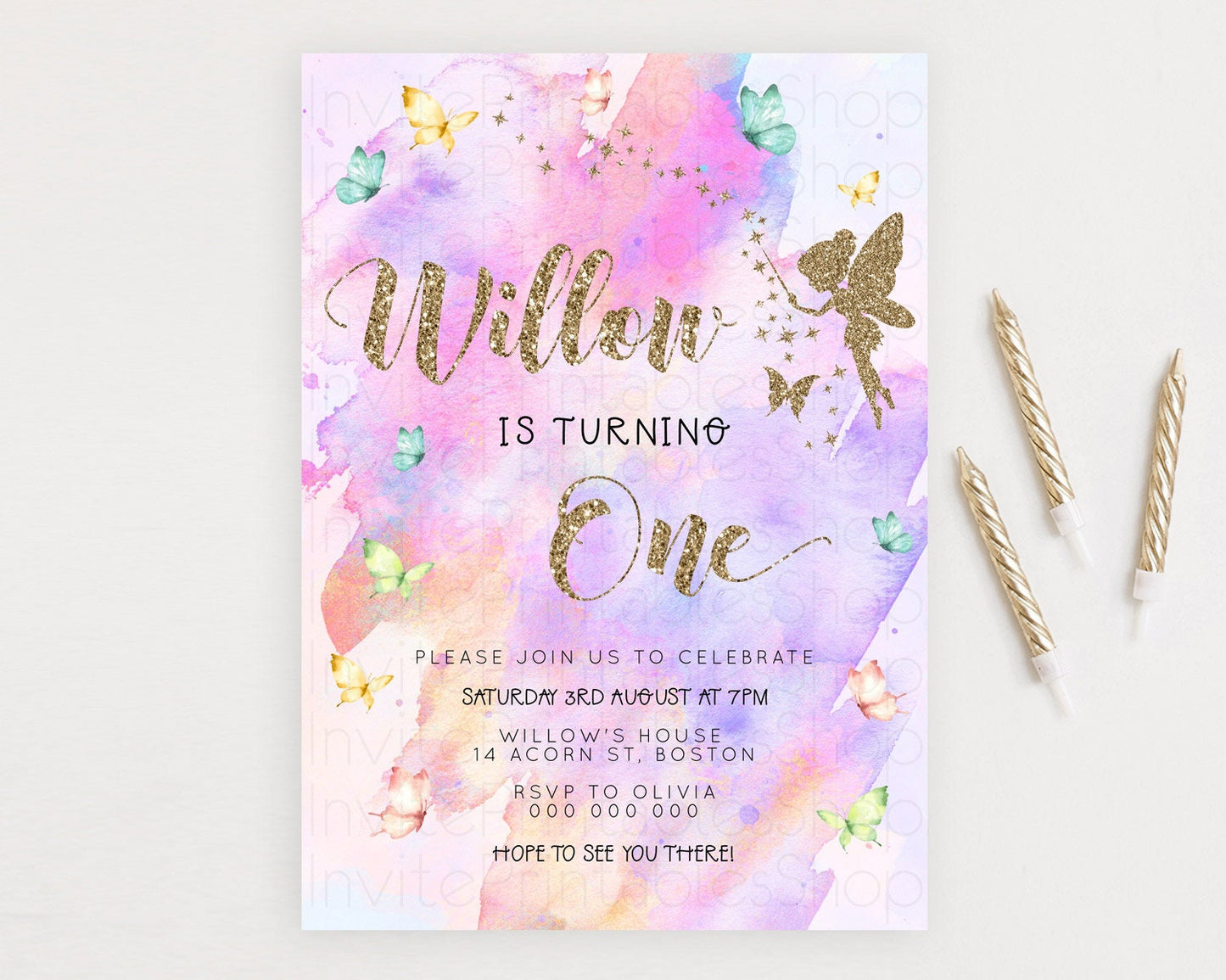 Pastel Fairy Birthday Invitation Pastel Butterflies Fairy Birthday Invitation Rainbow Ombre Watercolor 1st 2nd Birthday Invitation D23345