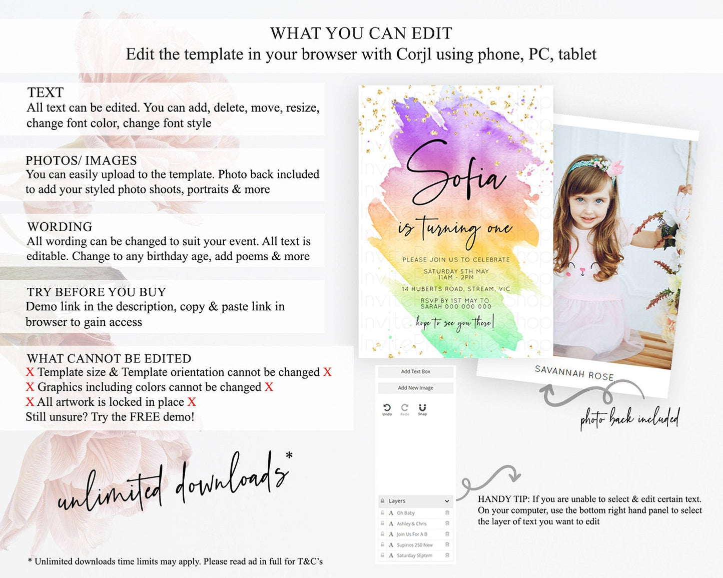 Rainbow Birthday Invitation Colorful Pastel Watercolor Invitation Gold Glitter Sprinkles Ombre Pastel 1st 2nd 3rd Birthday D10518