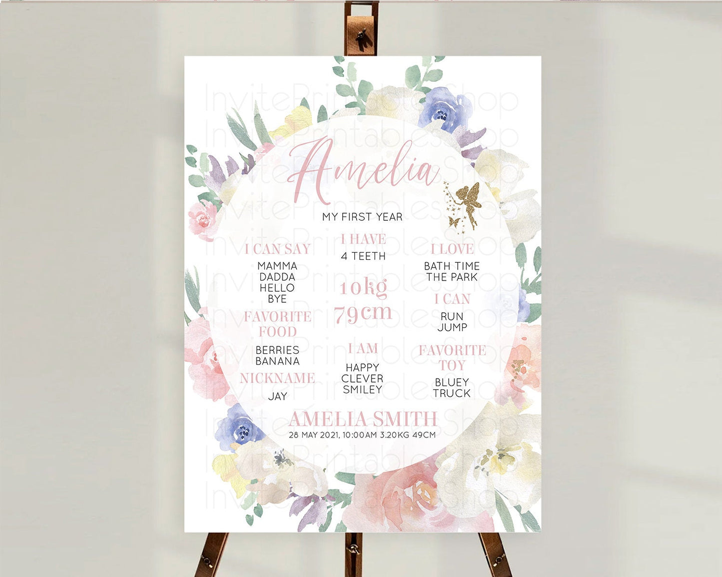 Fairy First Birthday Milestone Poster Fairy Secret Garden Milestone Board Enchanted Garden Pastel Floral Butterfly 1st Birthday Sign D10852