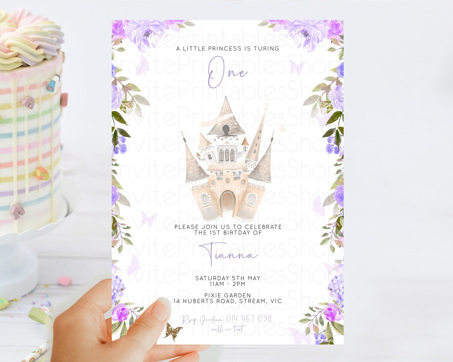 Princess Birthday Invitation Castle Invitation Royal Birthday Fairy Tale Enchanted Castle Pastel Floral Garden 1st First Birthday D10339