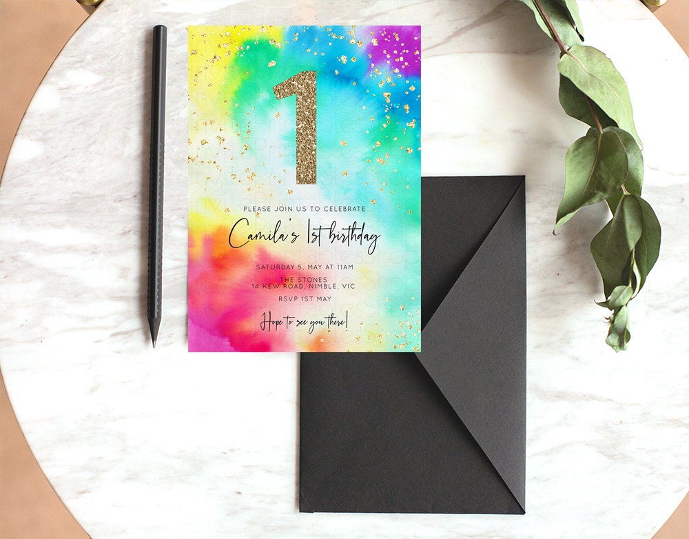 Tie Dye Rainbow Birthday Invitation Colorful Pastel Invitation Ombre Watercolor Invite Splash Gold Glitter Sprinkles Invite