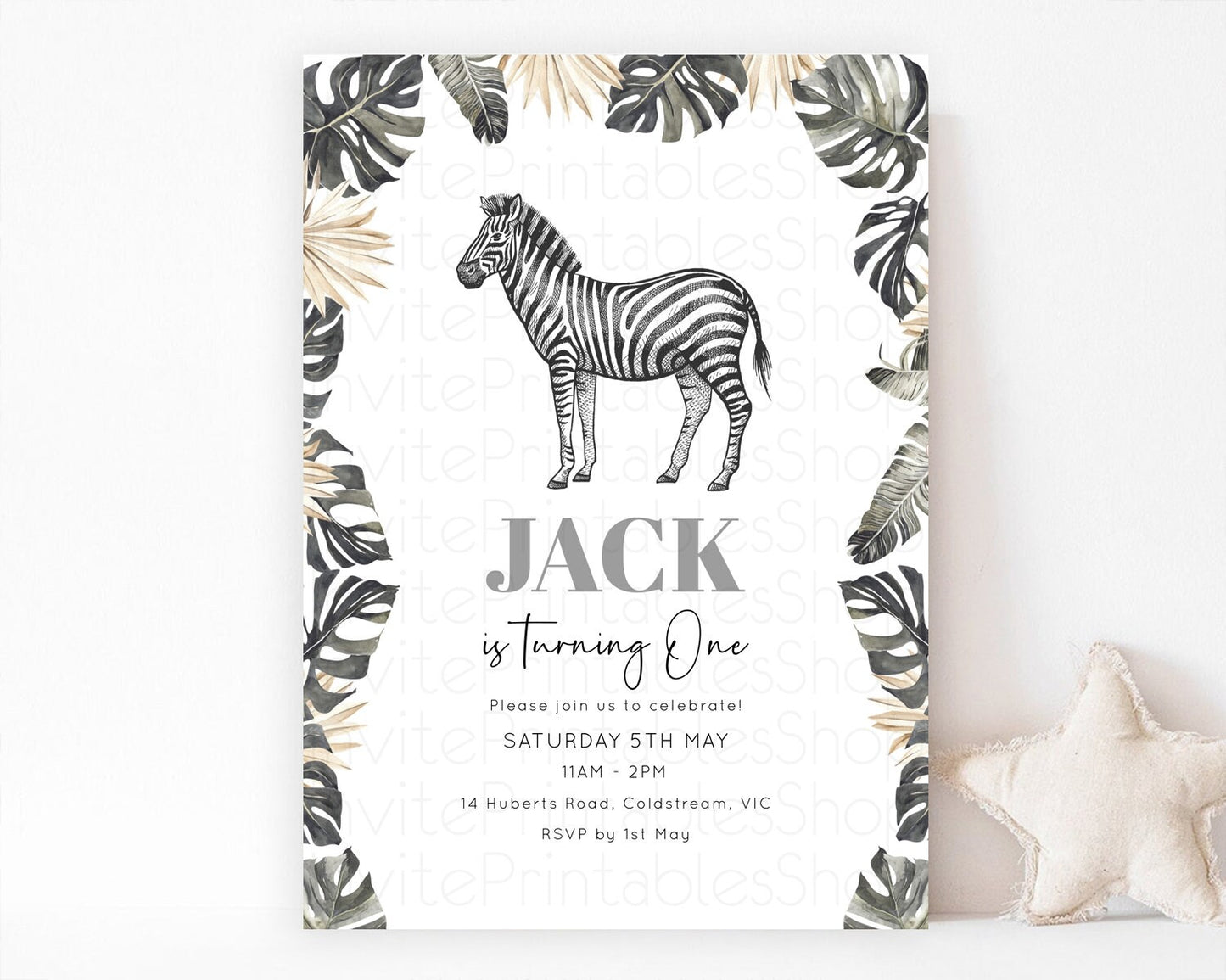 Zebra Birthday Invitation Zebra Invite Jungle Safari invite Watercolor Tropical Palm Invite Adventure Zoo Party Wild Animal Party D10824