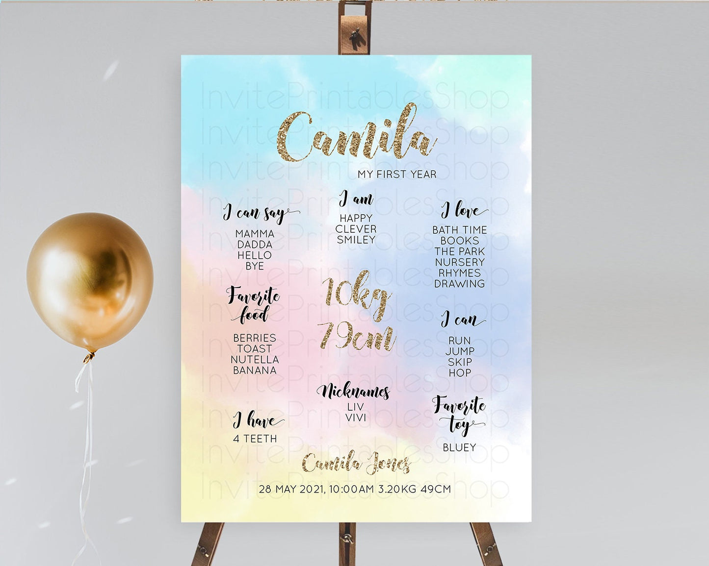 Pastel First Birthday Milestone Board Pastel Rainbow Milestone Poster Colorful Confetti Watercolor Glitter 1st Birthday Welcome Sign D10378