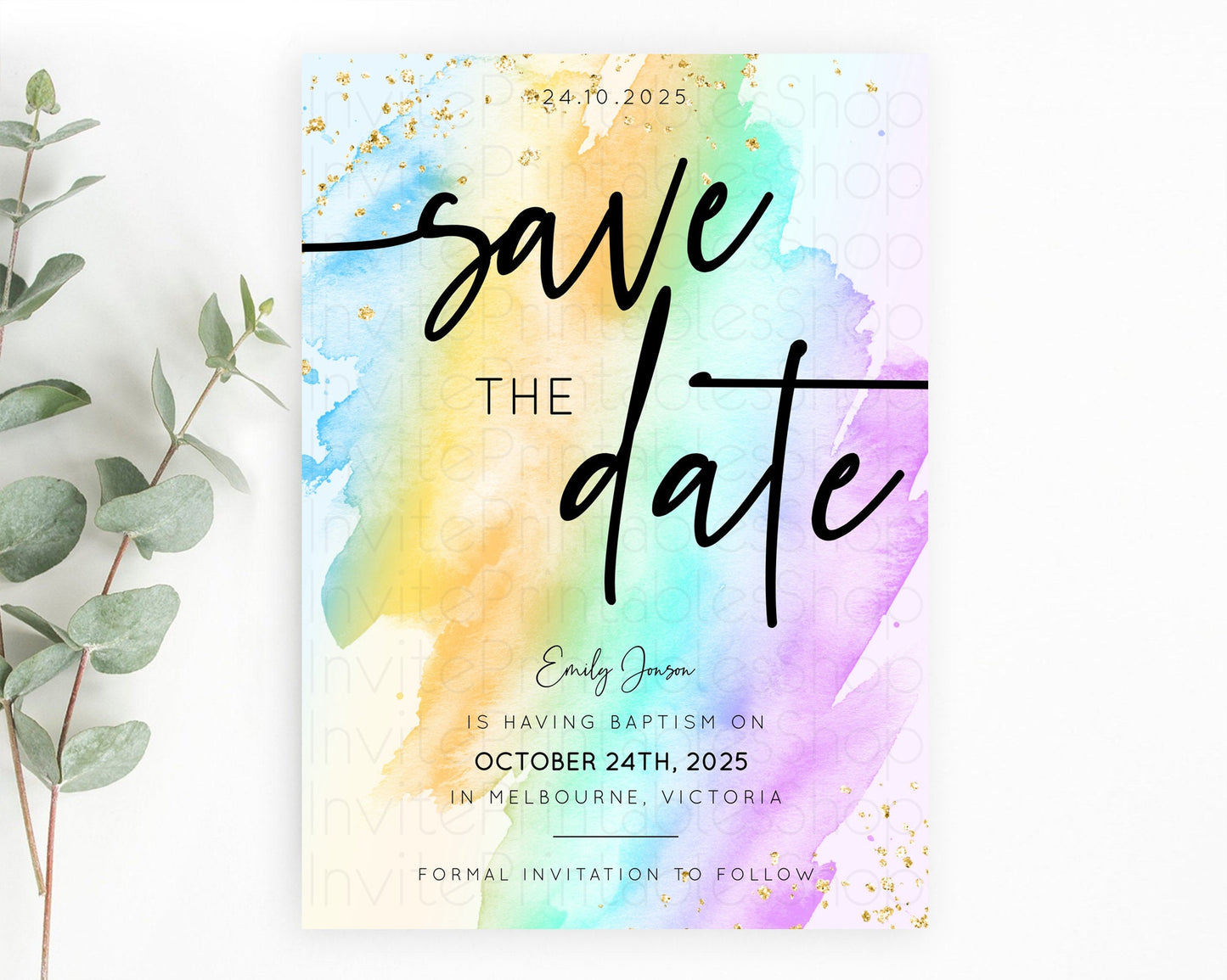 Pastel Save The Date Template Pastel Ombre Rainbow Watercolor Colorful Party For Birthday Baptism Baby Shower Wedding Bridal Shower D10425