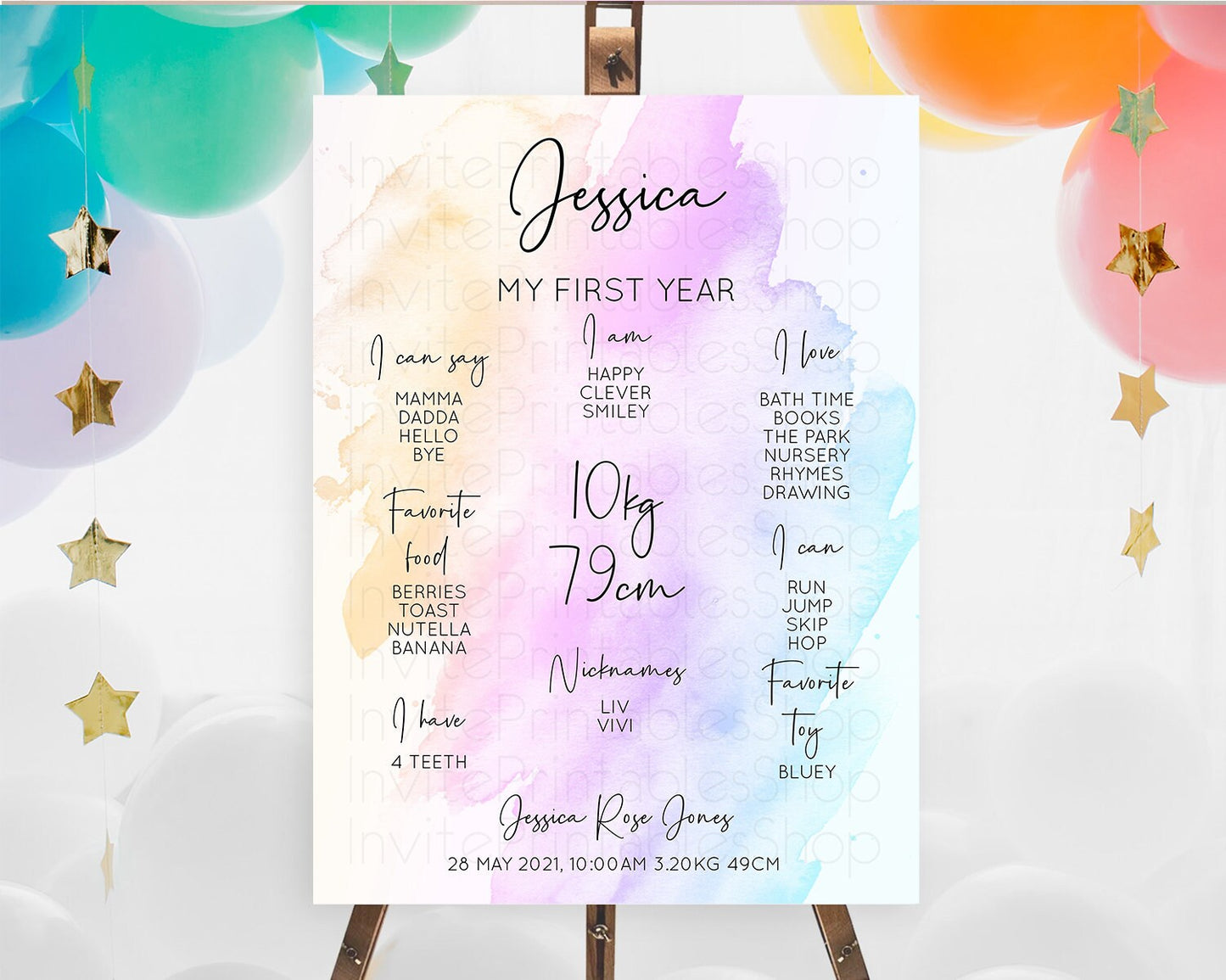 Pastel First Birthday Milestone Board Pastel Rainbow Milestone Poster Colorful Confetti Watercolor Glitter 1st Birthday Welcome Sign D10177