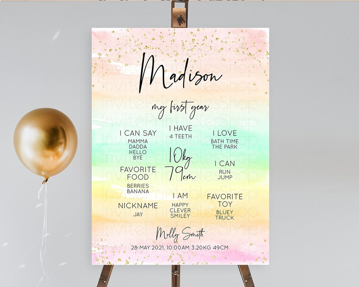 Pastel First Birthday Milestone Board Pastel Rainbow Milestone Poster Colorful Confetti Watercolor Glitter 1st Birthday Welcome Sign D10591