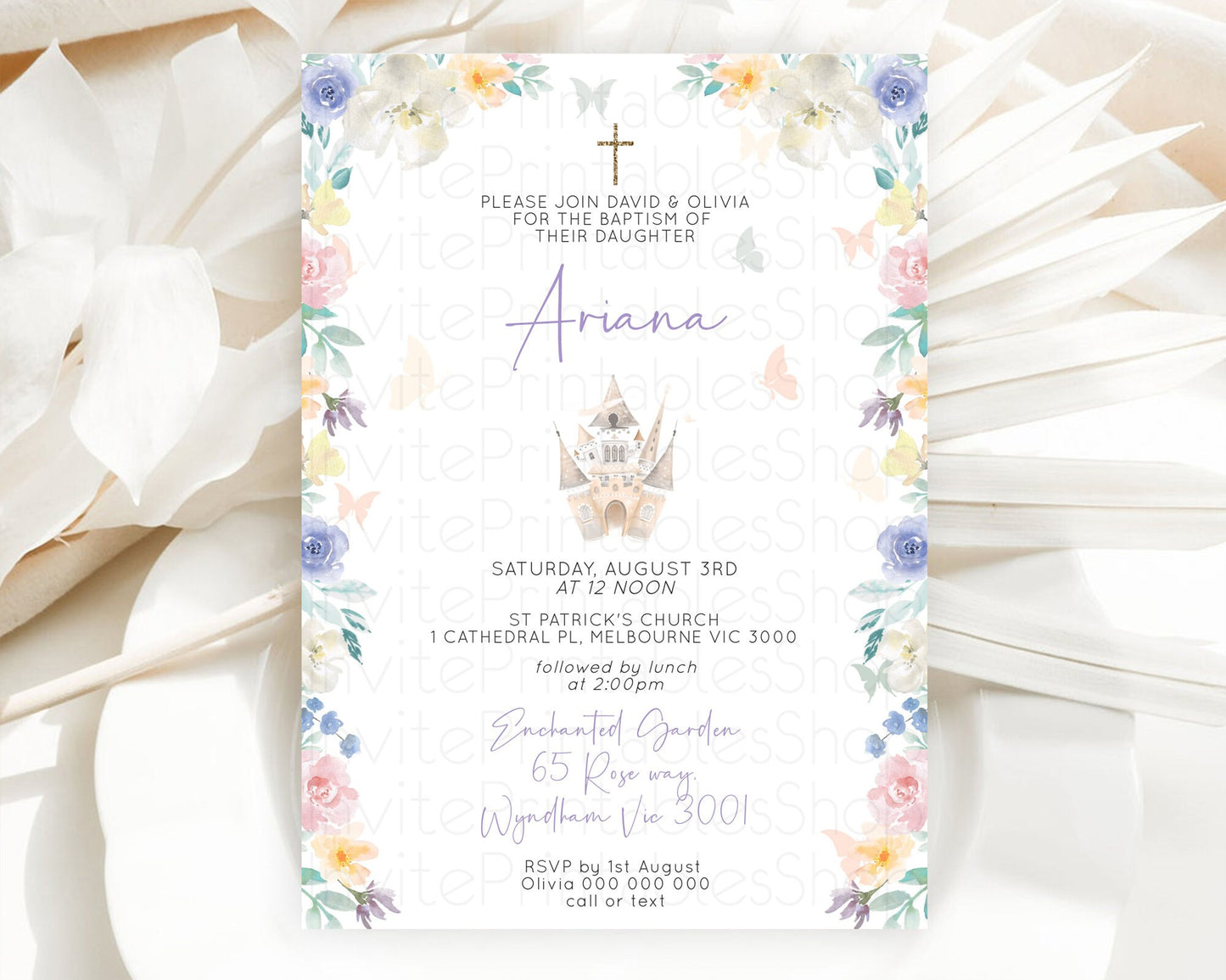 Princess Baptism Invitation Enchanted Castle Baptism 1st Birthday Invitation Royal Party Pastel Floral Secret Garden Christening D10709