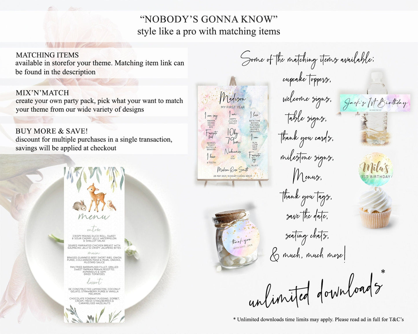 Fawn Menu Deer Menu Template Pastel Floral Deer Table Decor Enchanted Forest Butterfly Floral Dinner Dessert Menu Party Food Menu D10919