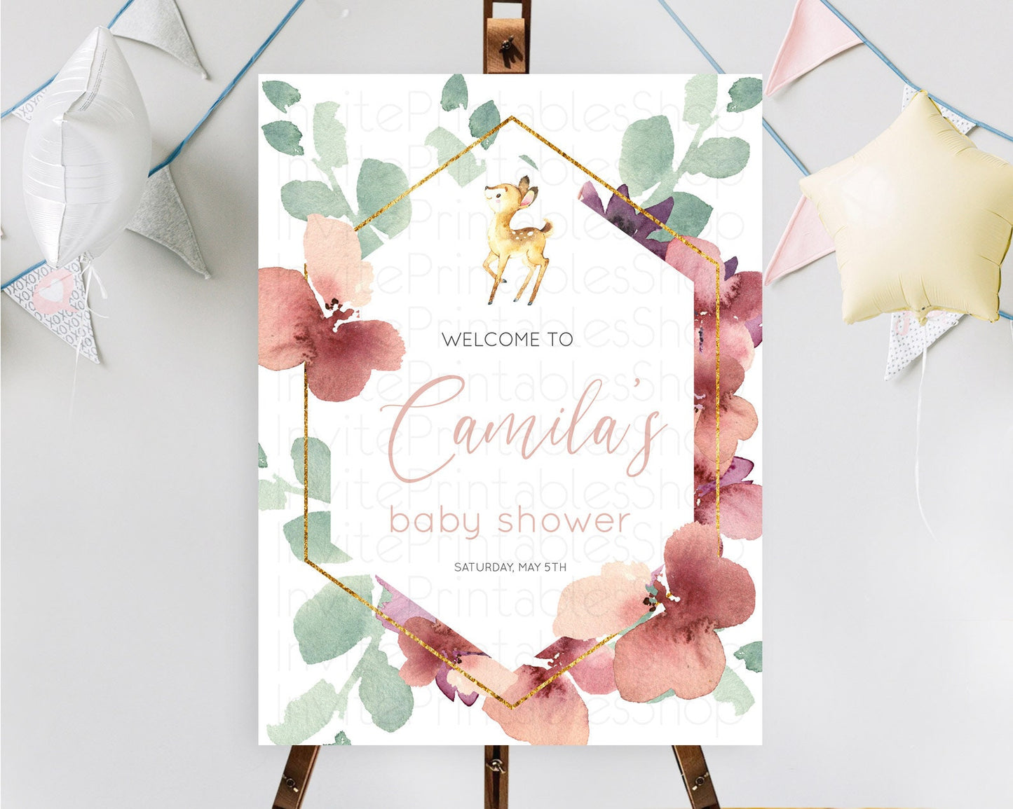 Fawn Baby Shower Welcome Sign Deer Welcome Board Floral Deer Welcome Poster Enchanted Forest Butterfly Pastel Floral Welcome Sign D10915