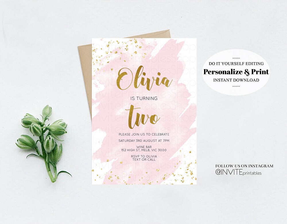 Pink Birthday Invitation Pink Splash Watercolor Invite Gold Glitter Sprinkles Ombre Pastel Invitation 1st 2nd 3rd Printable Editable Invite