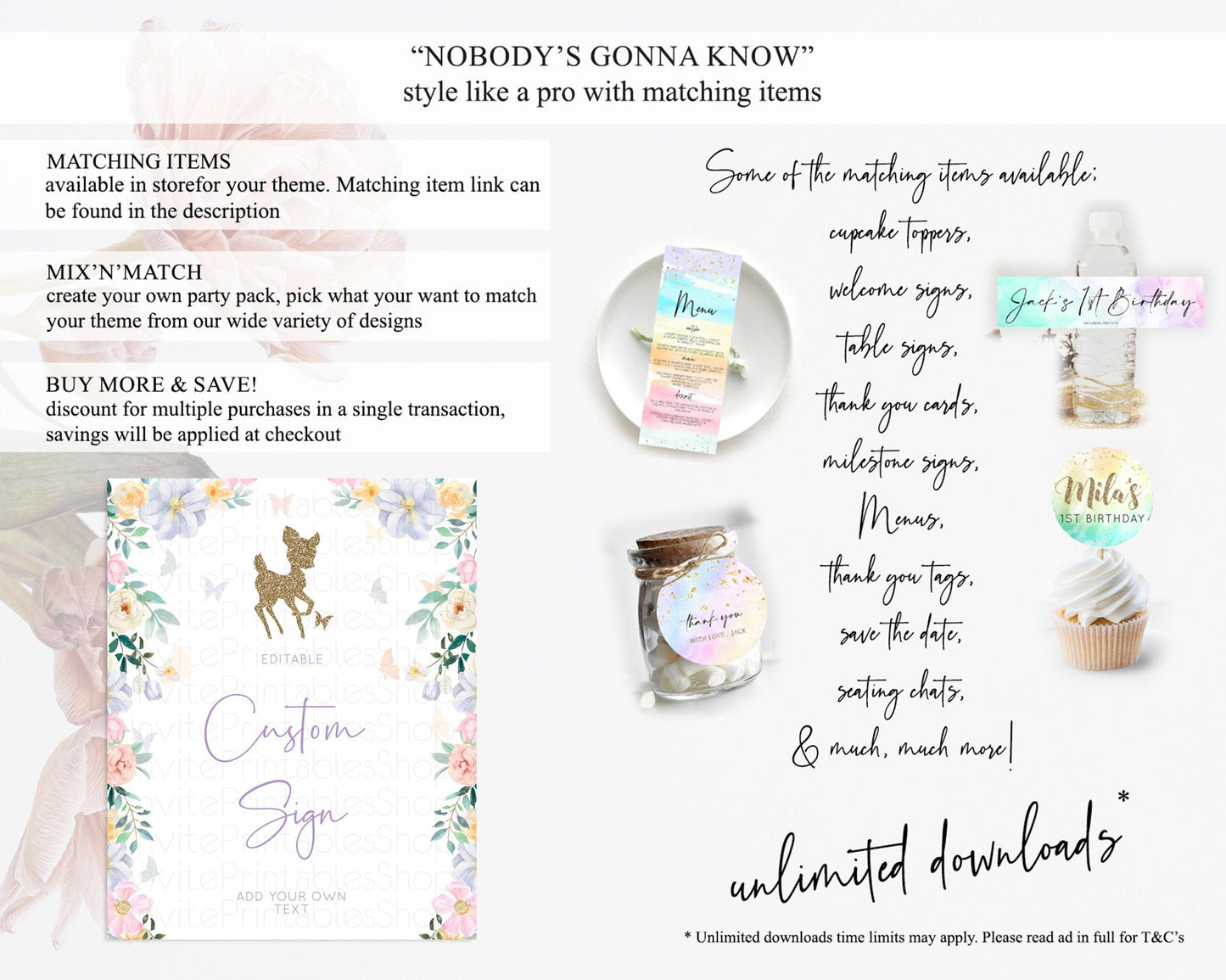 Fawn Deer Sign Pastel Floral Deer Table Sign Decor Enchanted Forest Butterfly Party 1st Birthday Baptism Baby Shower Bridal Shower D10477