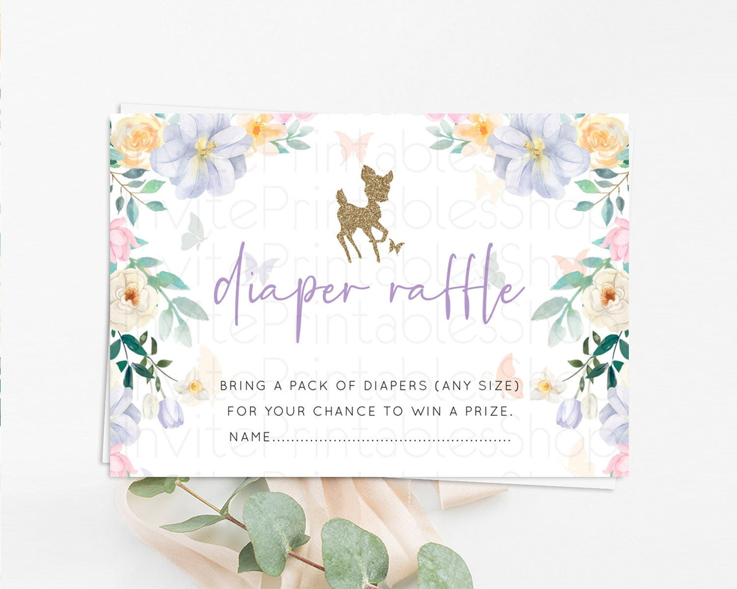 Fawn Diaper Raffle Card Deer Diaper Insert Floral Deer Diaper Ticket Enchanted Forest Butterfly Pastel Baby Shower Raffle Game D10477