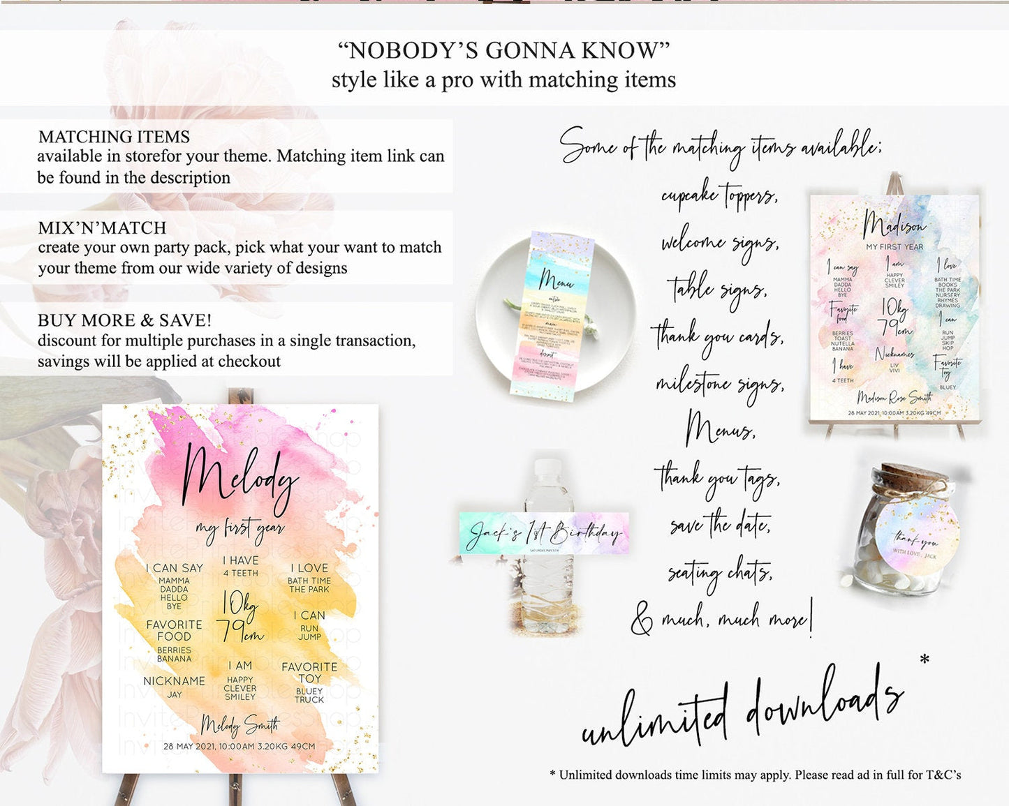 Pastel First Birthday Milestone Board Pastel Rainbow Milestone Poster Colorful Confetti Watercolor Glitter 1st Birthday Welcome Sign D10527