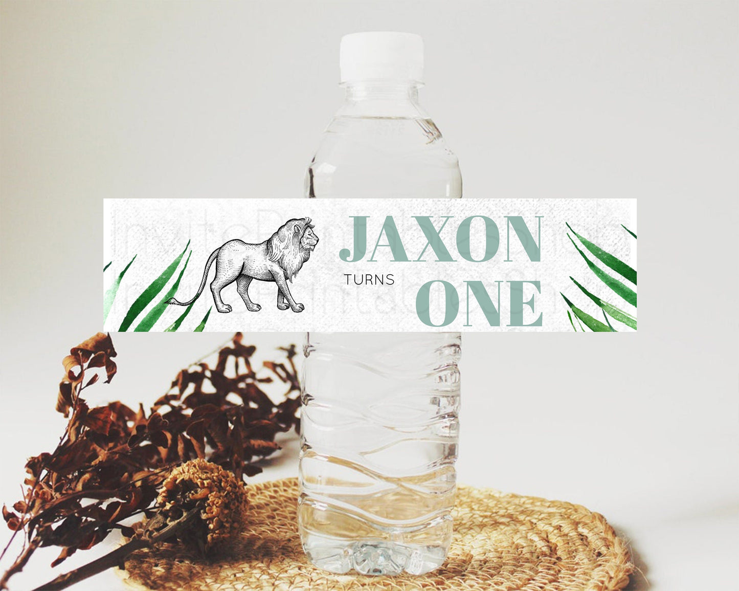 Lion Water Label Template Lion Safari Adventure Party Decor Dried Palm Ferns Zoo Birthday Baptism Baby Shower Bridal Shower Wedding D10845