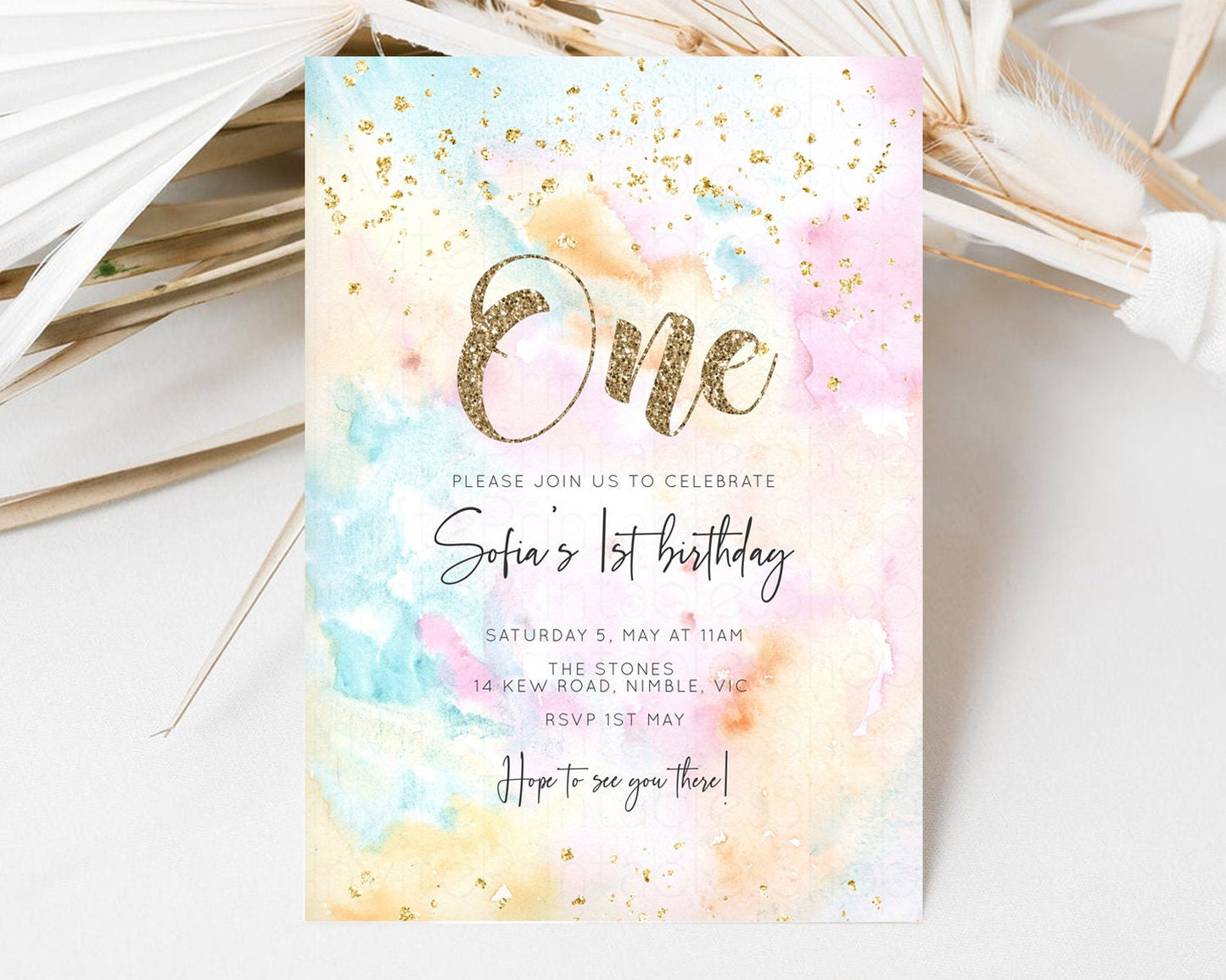 Rainbow Birthday Invitation Glitter Pastel Invitation Colorful Watercolor Gold Foil Splatter Sprinkles Ombre Glitter Invite 1st 2nd 3rd G566