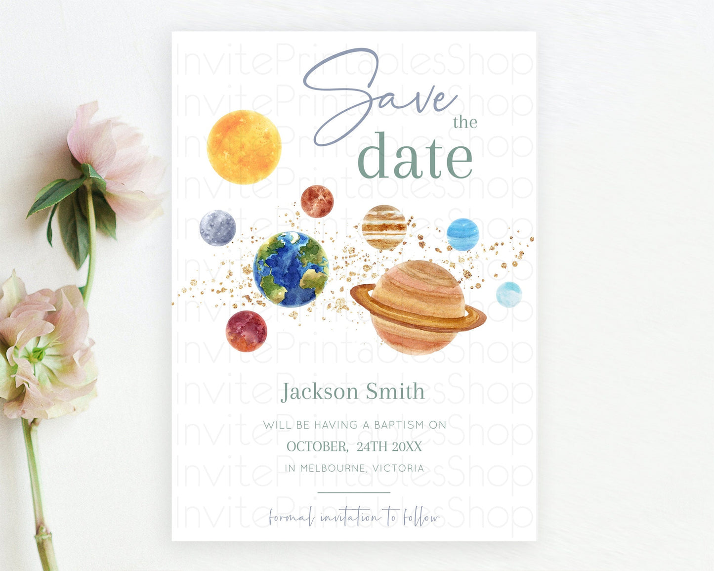 Space Save The Date Template Space Adventure Party First Trip Around the Sun Planets Solar System 1st Birthday Baptism Baby Shower  D10598