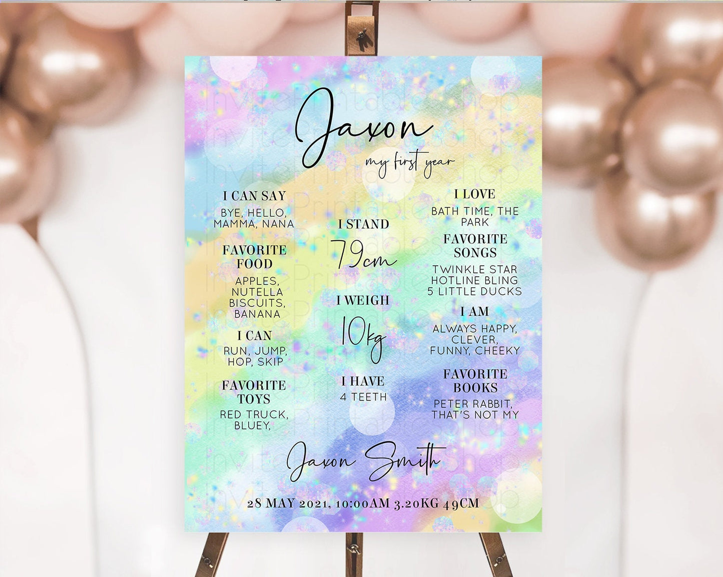 Pastel First Birthday Milestone Board Pastel Rainbow Milestone Poster Colorful Confetti Watercolor Glitter 1st Birthday Welcome Sign D10689