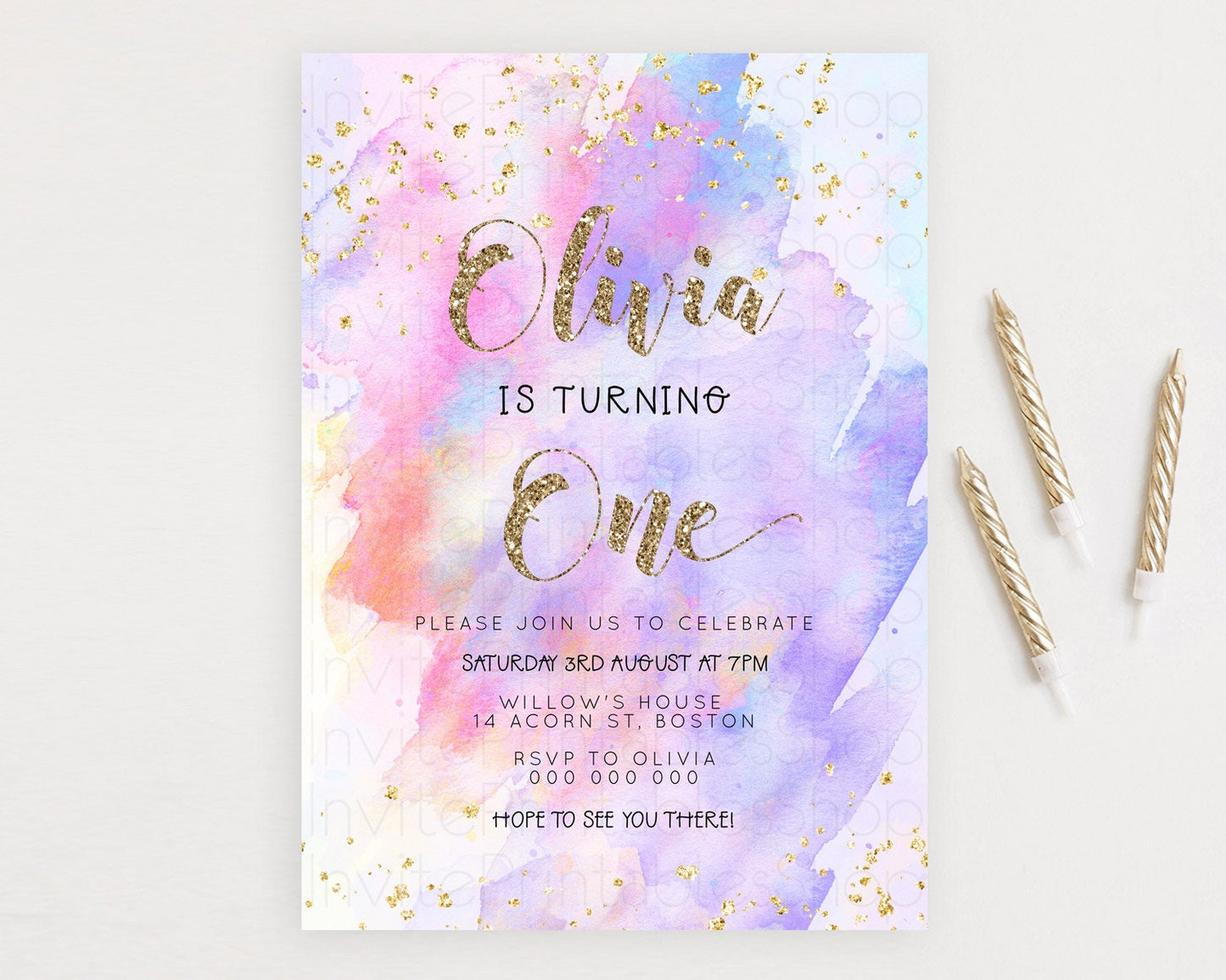 Rainbow Birthday Invitation Colorful Pastel Watercolor Invitation Gold Glitter Sprinkles Ombre Pastel 1st 2nd 3rd Birthday D23294