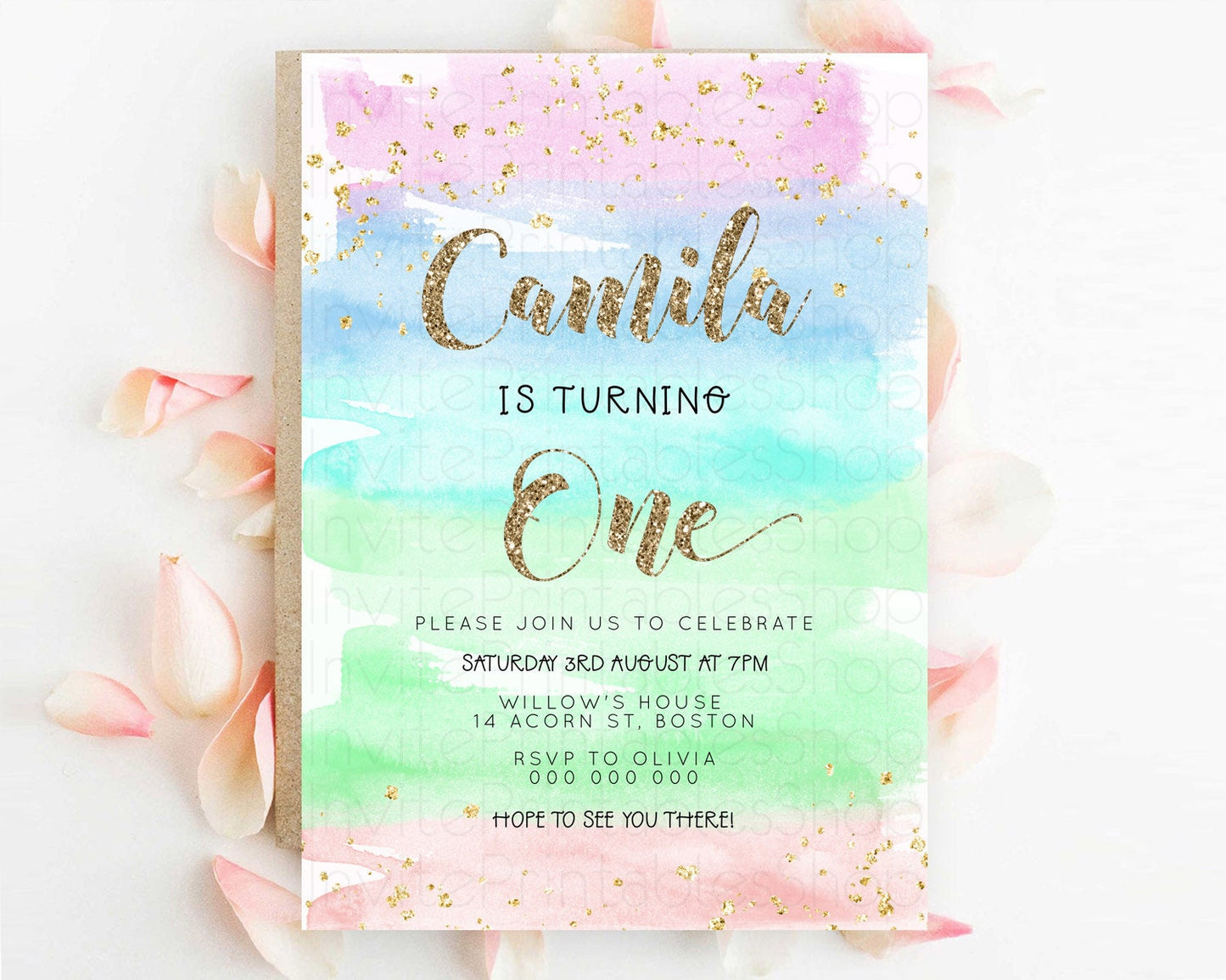 Rainbow Birthday Invitation Colorful Pastel Watercolor Invitation Gold Glitter Sprinkles Ombre Pastel 1st 2nd 3rd Birthday D23273