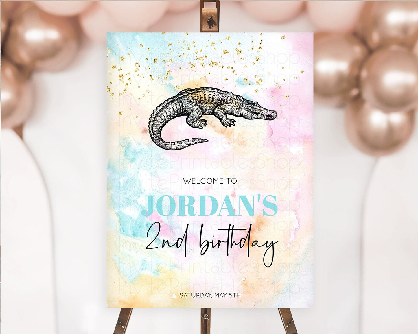 Pastel Crocodile Welcome Sign Pastel Alligator Welcome Board Safari Colorful Watercolor Rainbow First Birthday Welcome Sign D10285