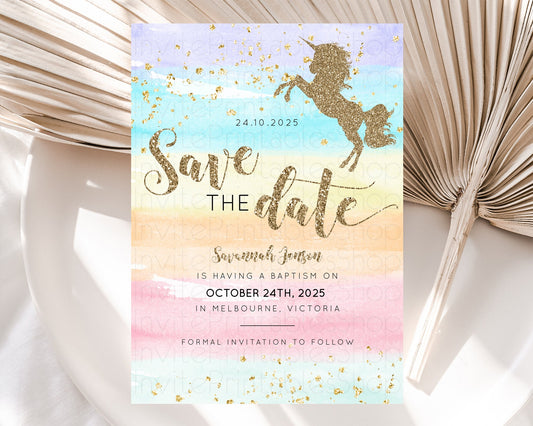 Unicorn Rainbow Save The Date Template Pastel Unicorn Party Magical Pastel Ombre Watercolor Unicorn 1st Birthday Baptism Baby Shower D10507