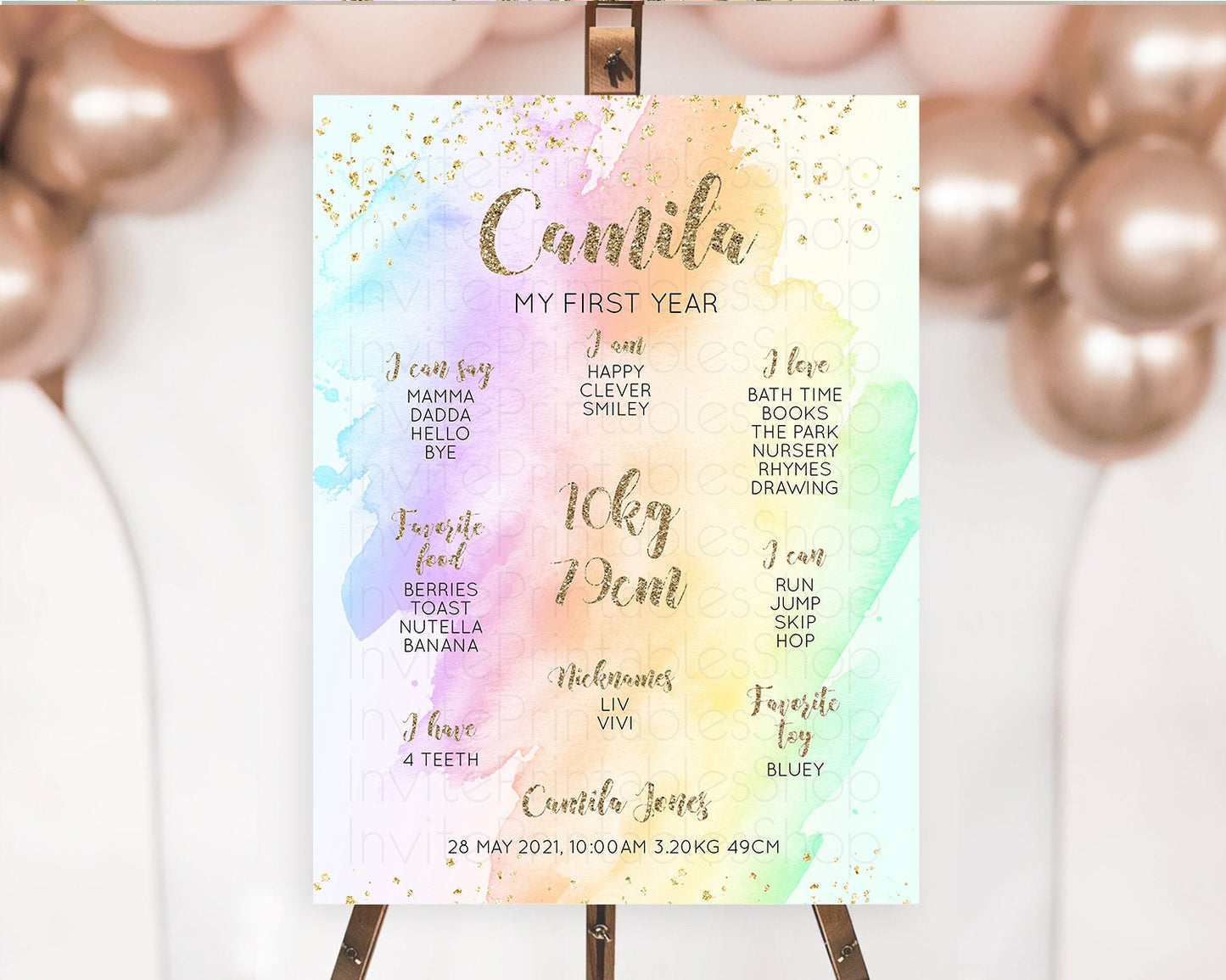 Pastel First Birthday Milestone Board Pastel Rainbow Milestone Poster Colorful Confetti Watercolor Glitter 1st Birthday Welcome Sign D10643