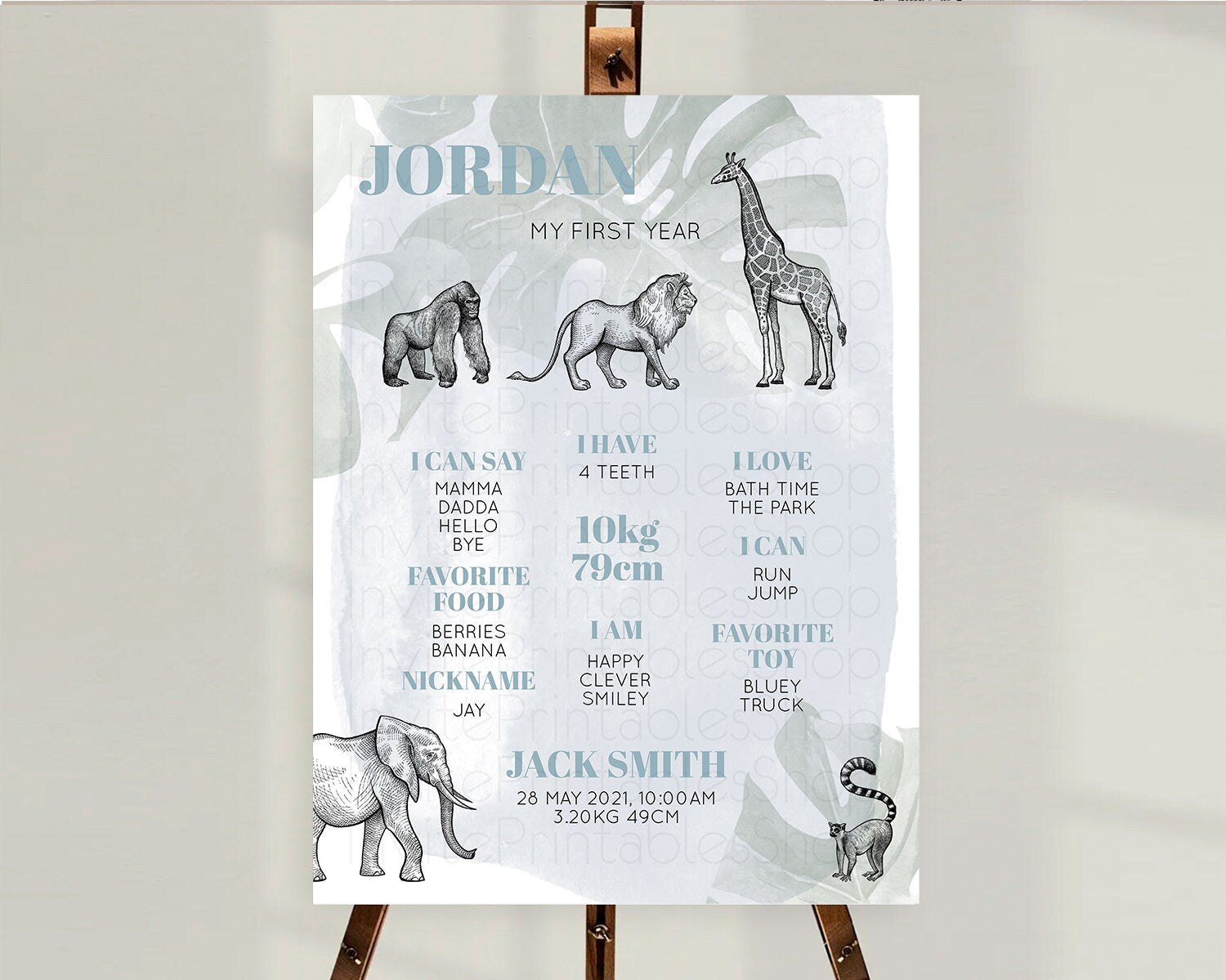 Editable Safari First Birthday Milestone Poster Lion Gorilla Elephant Rhino