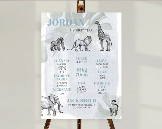 Editable Safari First Birthday Milestone Poster Lion Gorilla Elephant Rhino