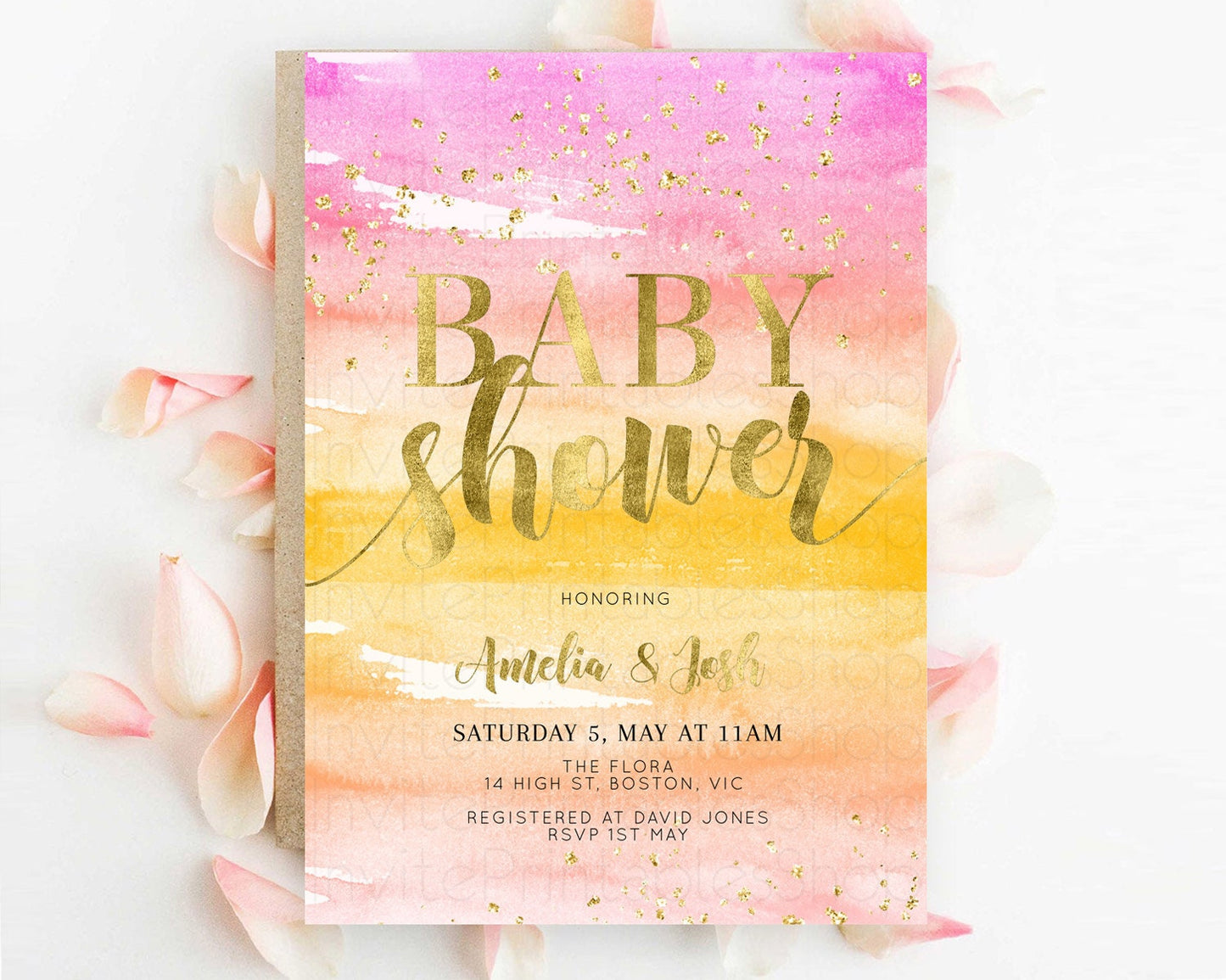 Pastel Baby Shower Invitation Rainbow Baby Shower Invitation Colorful Pastel Watercolor Invitation Gold Glitter Sprinkles Ombre D10520