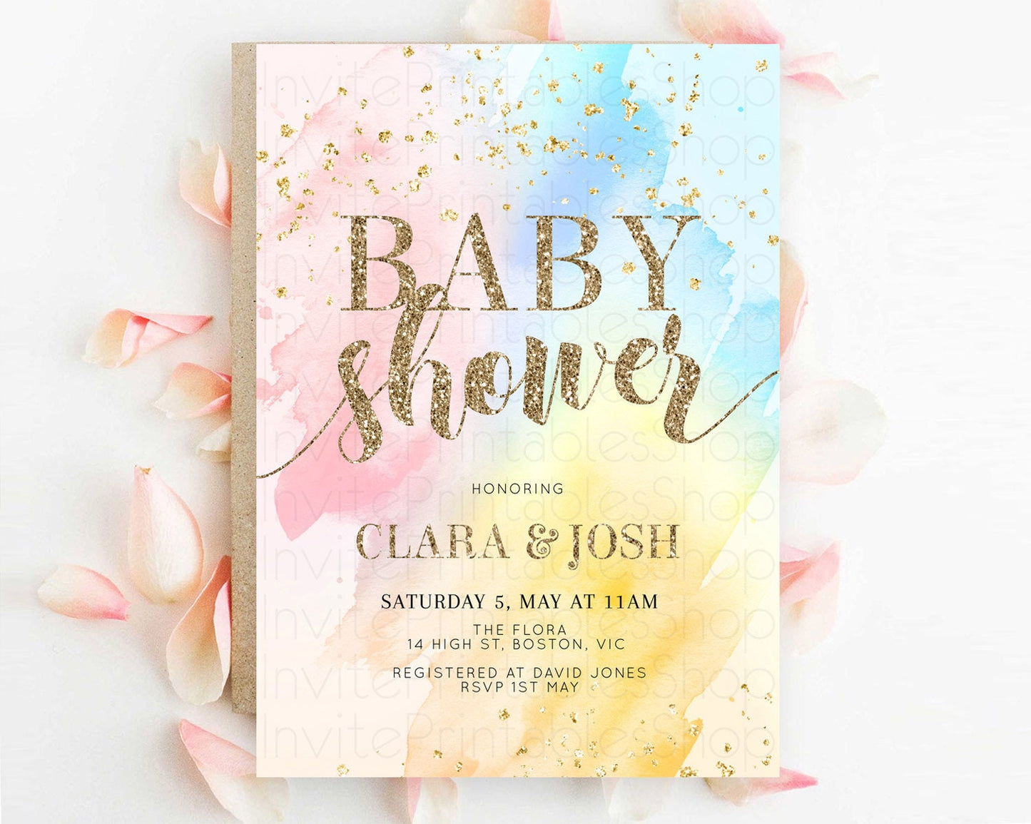 Pastel Baby Shower Invitation Rainbow Baby Shower Invitation Colorful Pastel Watercolor Invitation Gold Glitter Sprinkles Ombre D10556