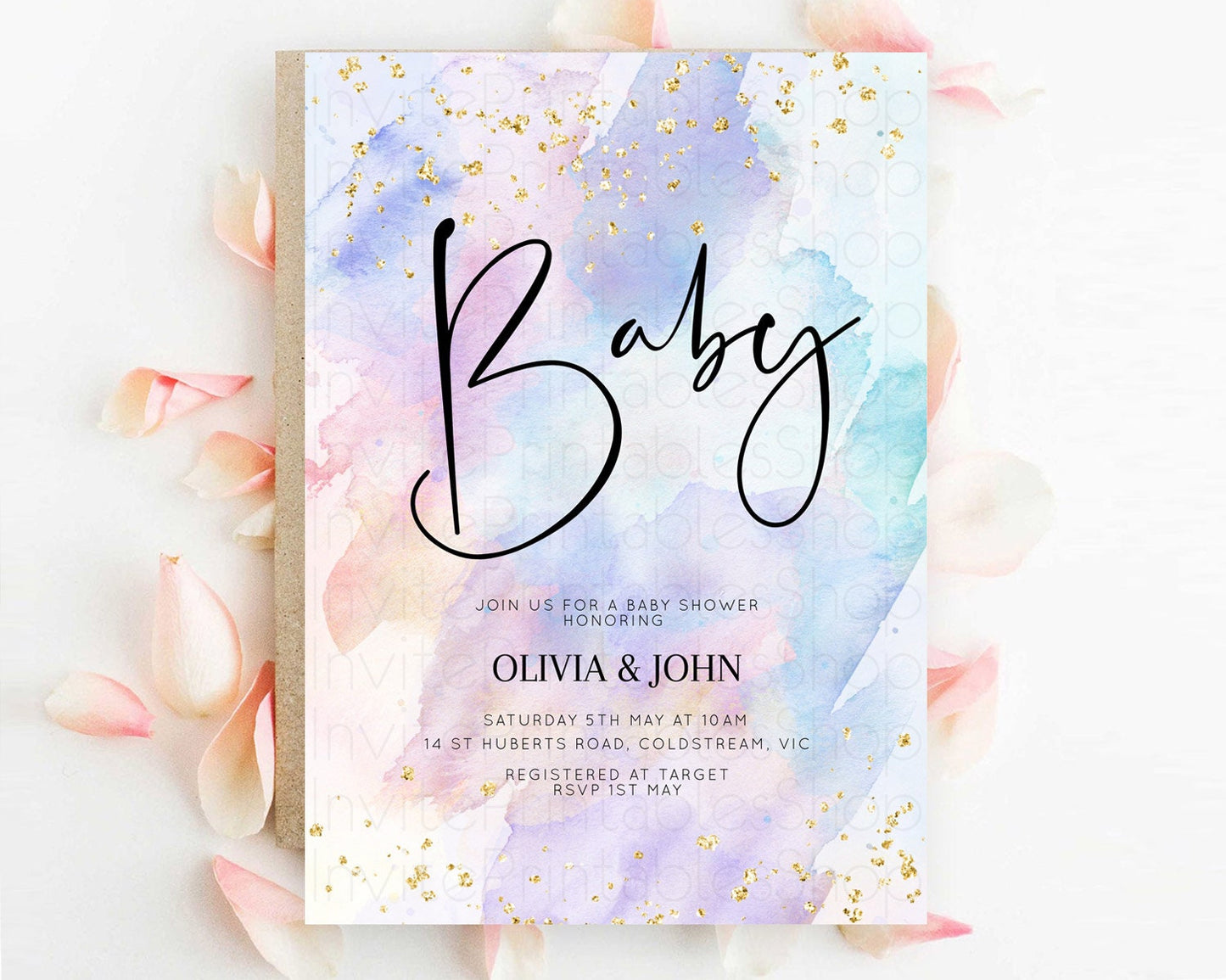 Pastel Baby Shower Invitation Rainbow Baby Shower Invitation Colorful Pastel Watercolor Invitation Gold Glitter Sprinkles Ombre D10583