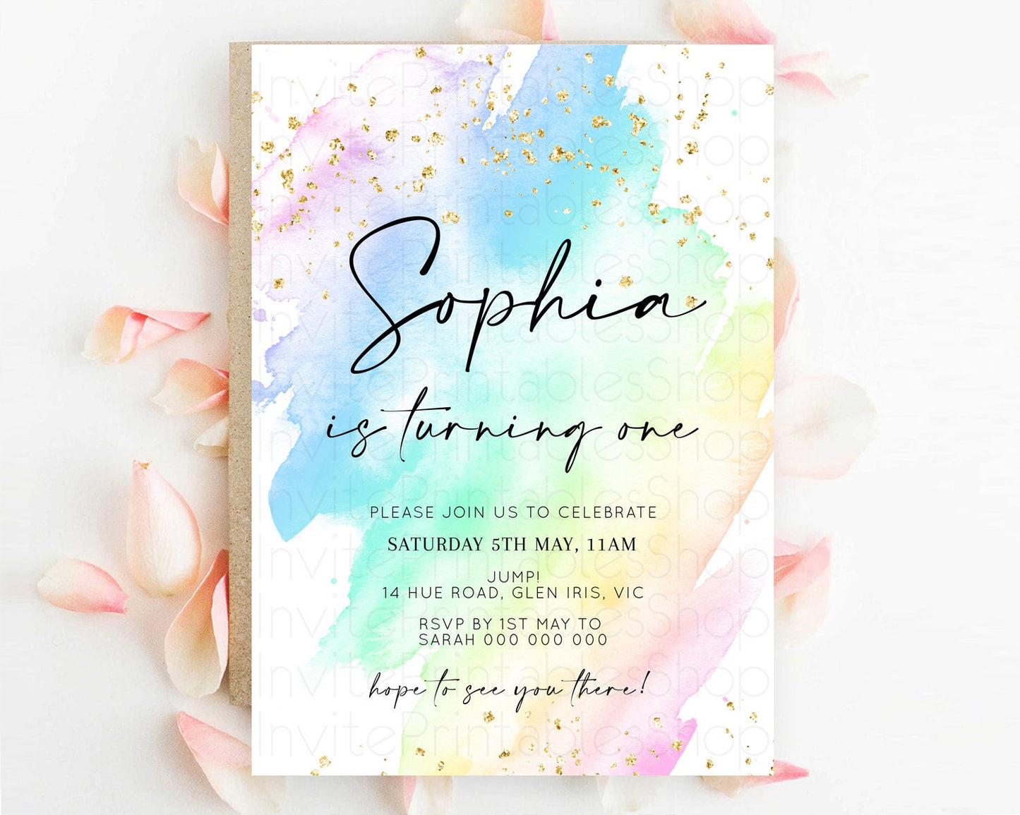 Rainbow Birthday Invitation Colorful Pastel Watercolor Invitation Gold Glitter Sprinkles Ombre Pastel 1st 2nd 3rd Birthday D10640