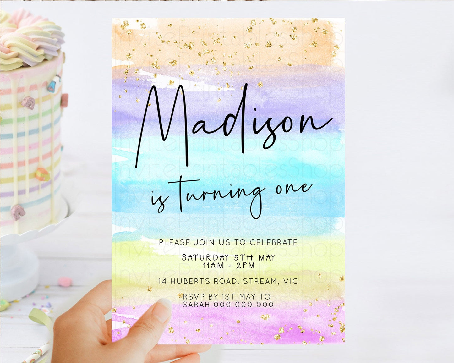 Pastel Birthday Invitation Ombre Watercolor Birthday Invitation Glitter Rainbow Color Splash 1st 2nd 3rd Birthday Invitation D23040