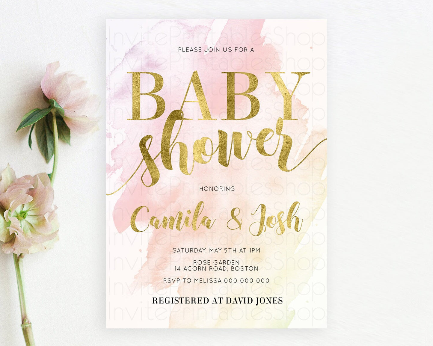 Pink Baby Shower Invitation Pink Watercolor Baby Shower Invitation Pastel Pink Watercolor Invitation Pink Splash Gold Invitation D11025