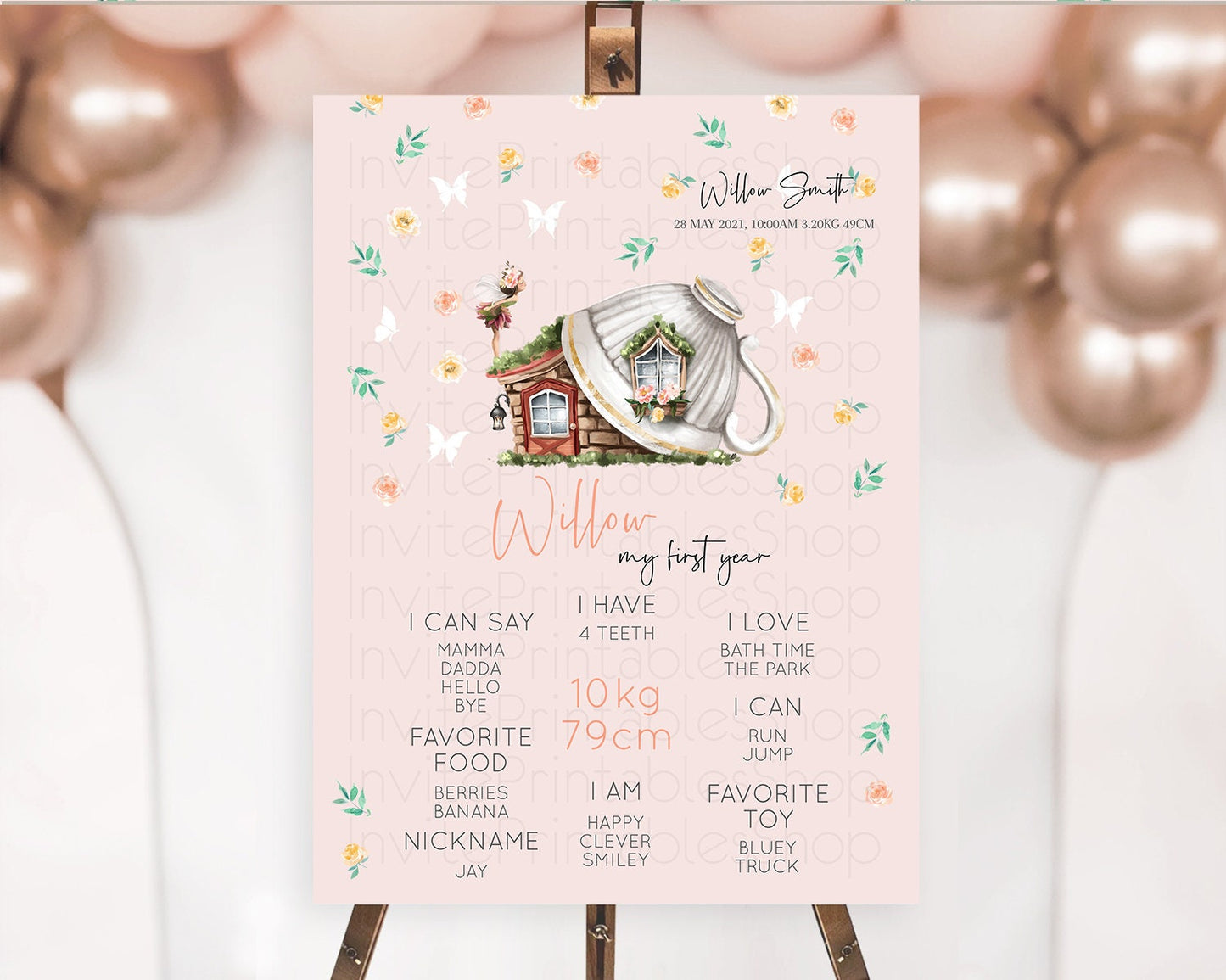 Fairy First Birthday Milestone Poster Fairy Secret Garden Milestone Board Enchanted Garden Pastel Floral Butterfly 1st Birthday Sign D10384