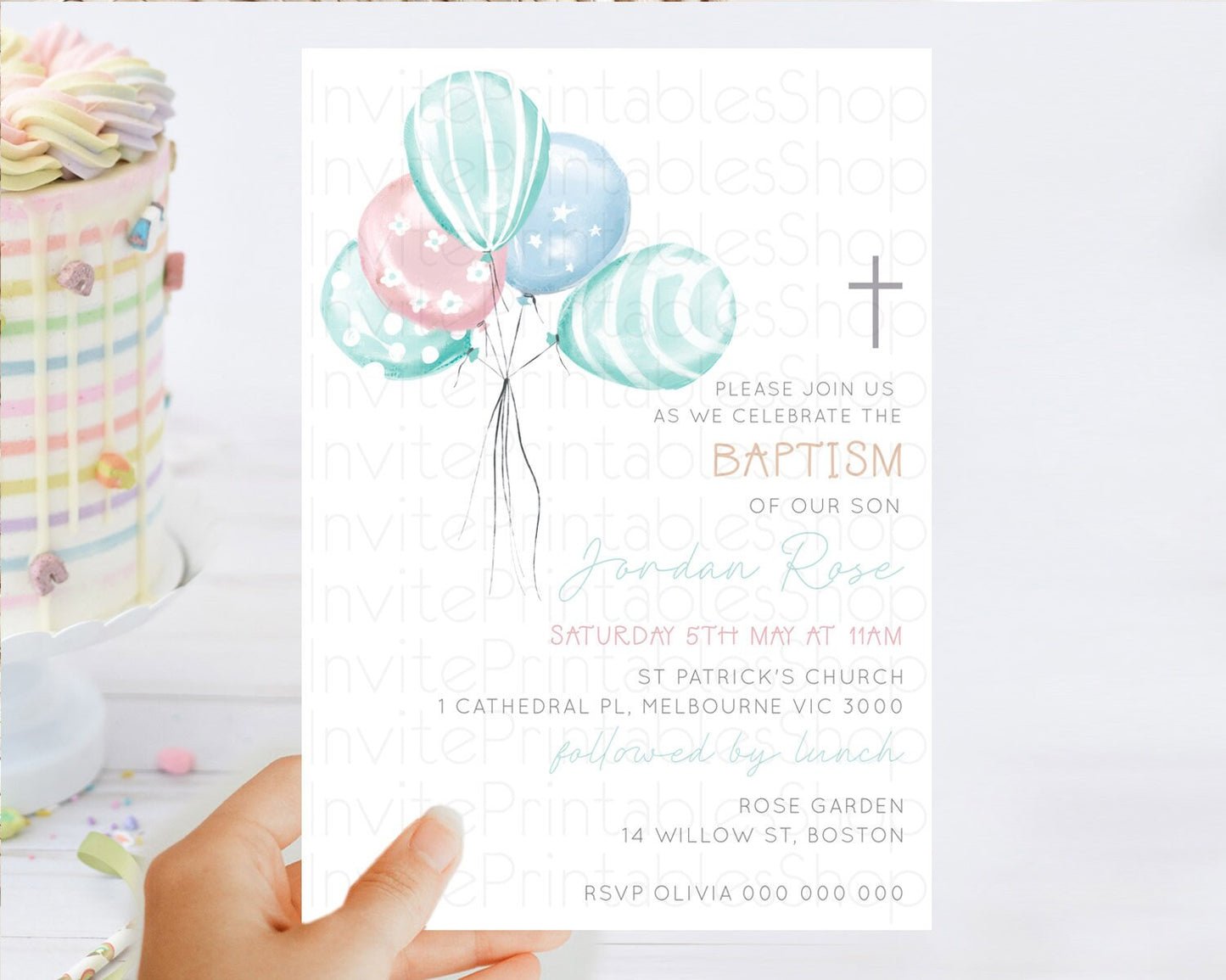 Balloon Baptism Invitation Pastel Baptism 1st Birthday Invitation Pastel Balloon Christening Invite Colorful Rainbow Balloon Invites D22997