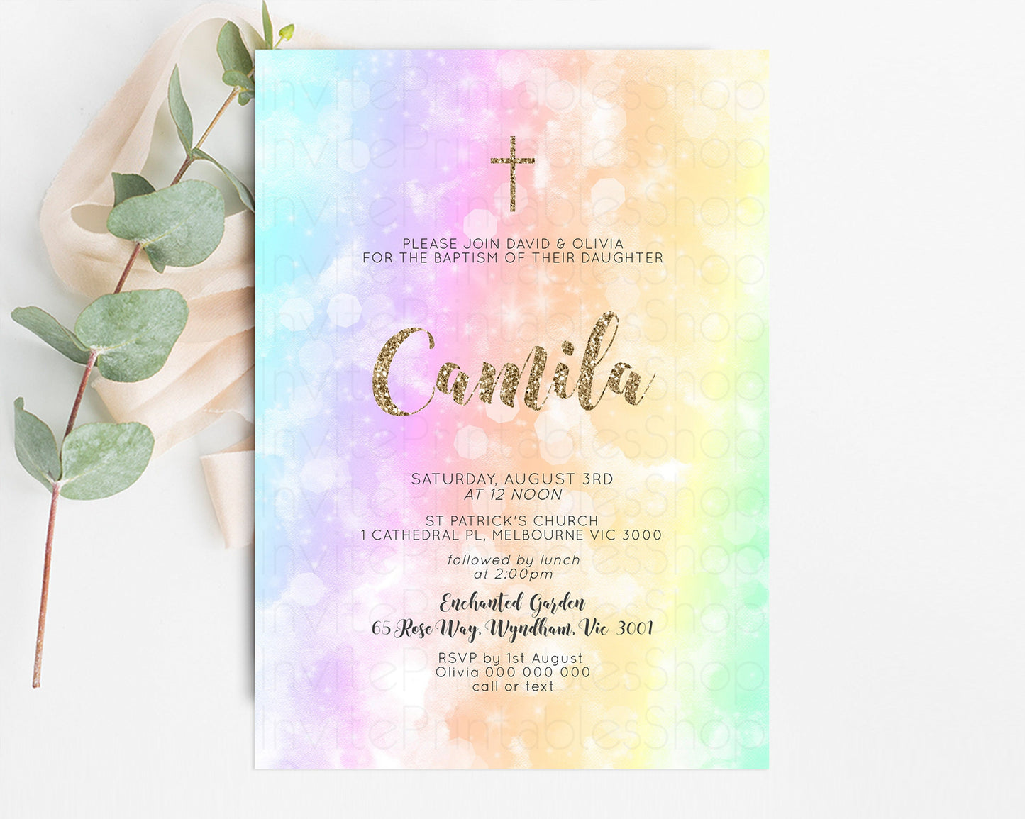 Pastel Baptism Invitation Rainbow Christening Invitation Holy Communion Invite Baptism 1st Birthday Sprinkles Ombre Watercolor Splash 604