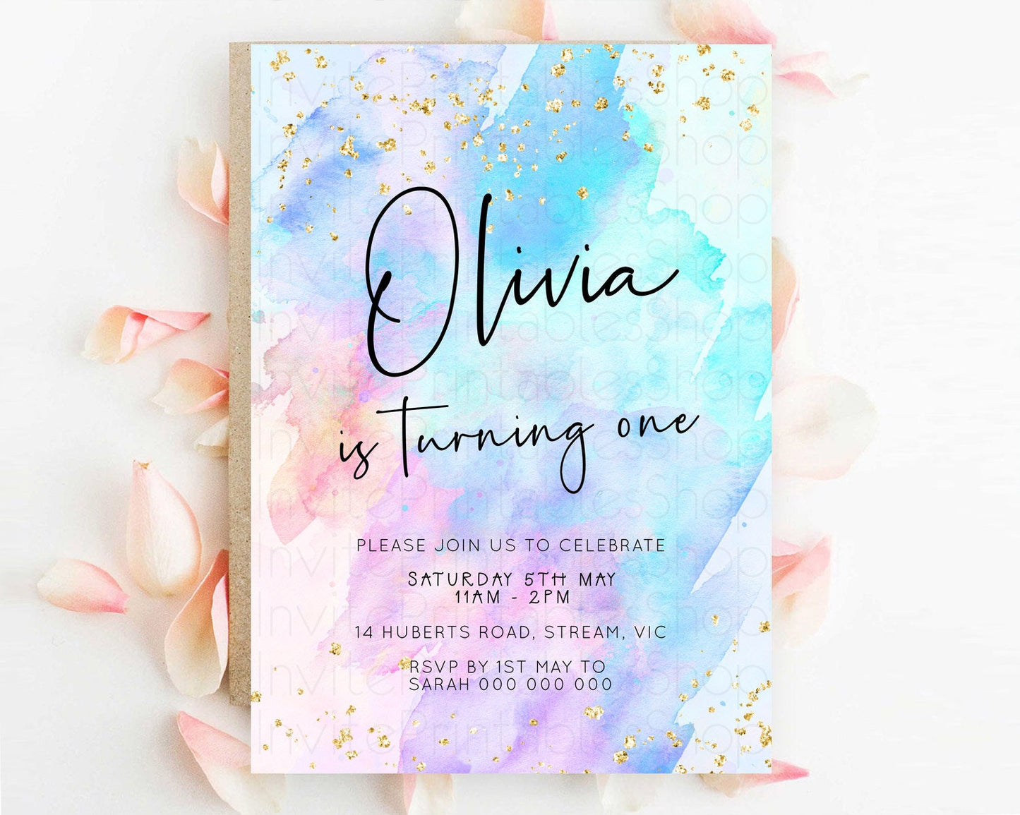 Pastel Birthday Invitation Ombre Watercolor Birthday Invitation Glitter Rainbow Color Splash 1st 2nd 3rd Birthday Invitation D23062