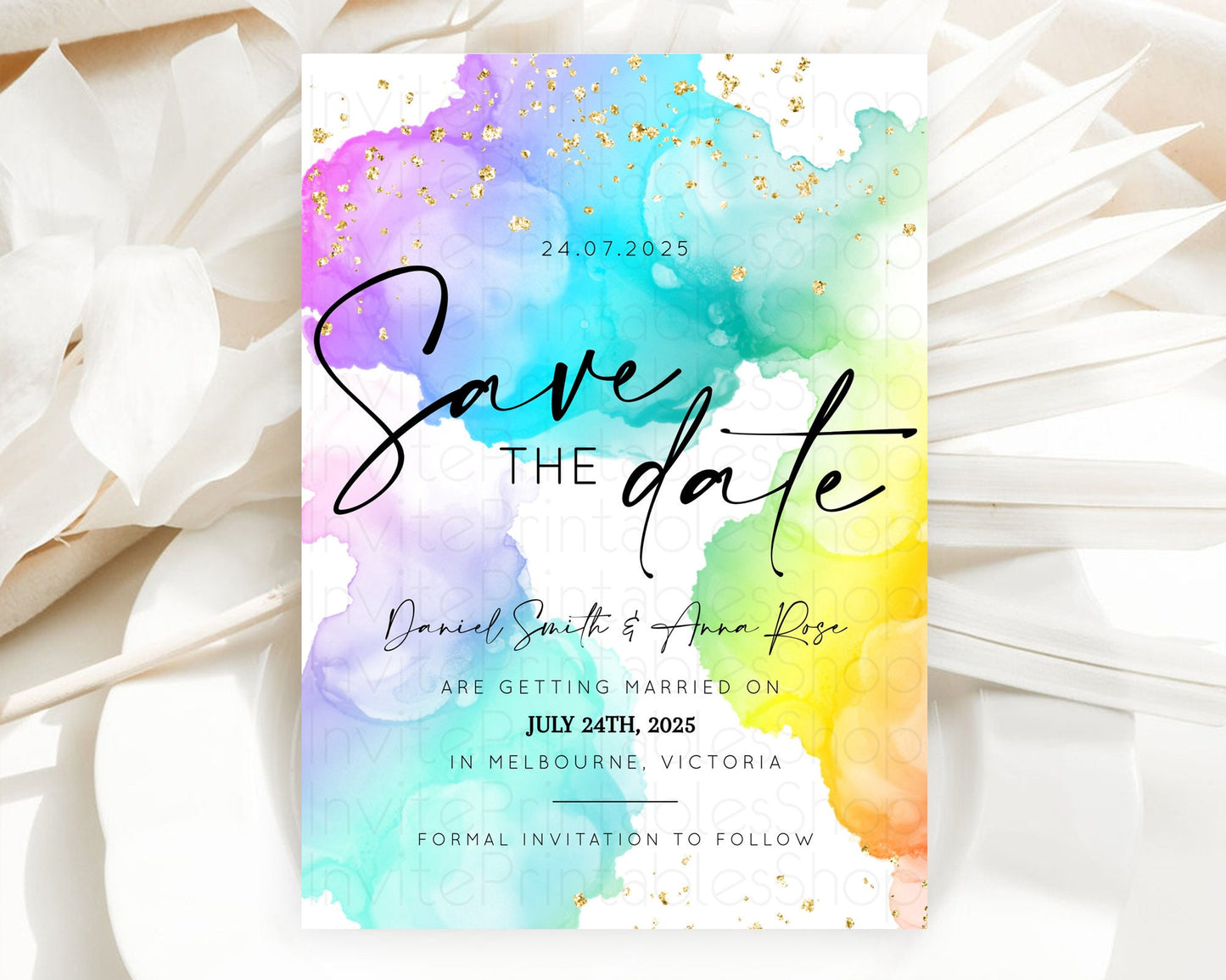 Pastel Save The Date Template Pastel Ombre Rainbow Watercolor Colorful Party For Birthday Baptism Baby Shower Wedding Bridal Shower D10213