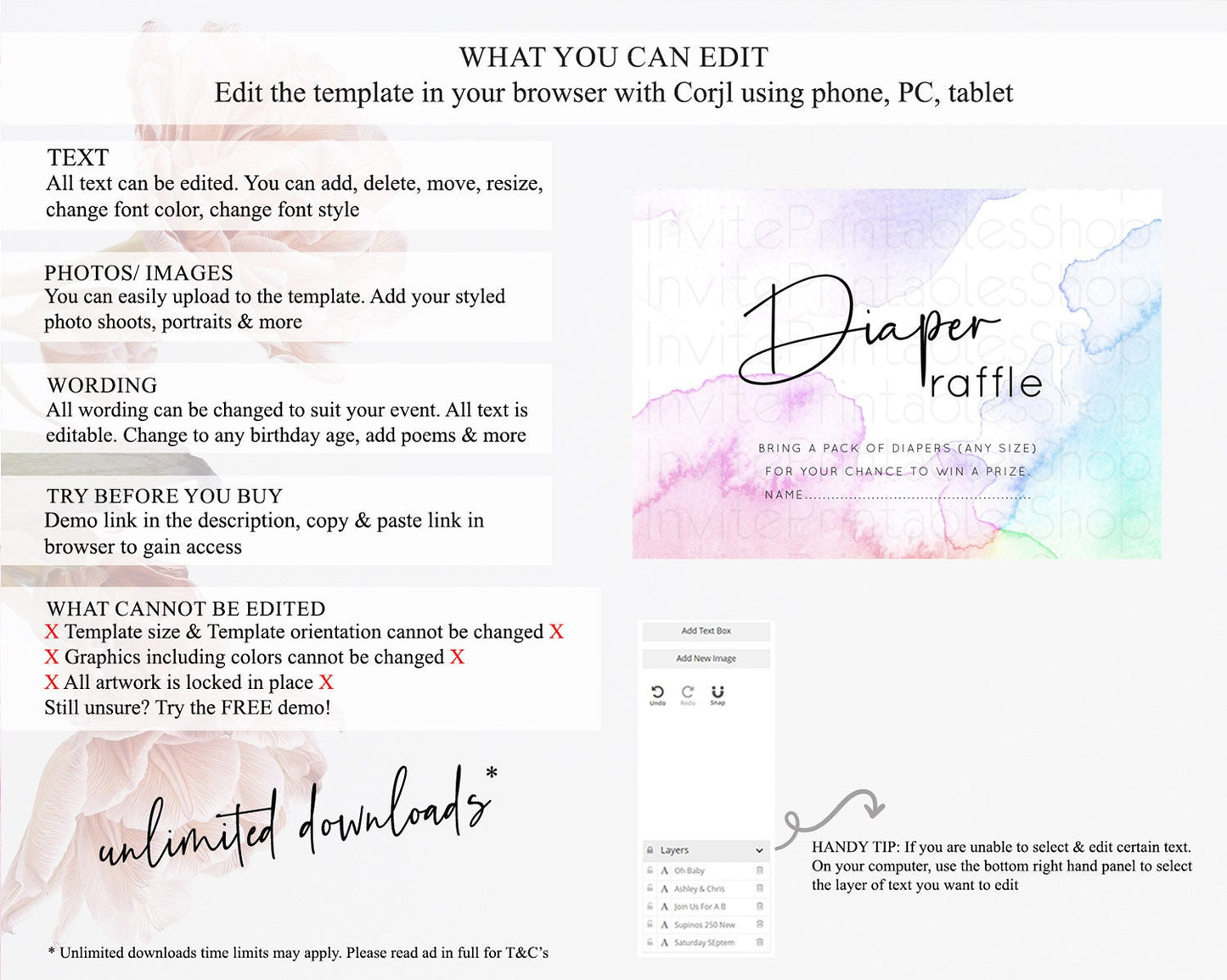 Pastel Diaper Raffle Card Pastel Rainbow Diaper Raffle Insert Colorful Ombre Watercolor Diaper Ticket Confetti Glitter Raffle Game D10215