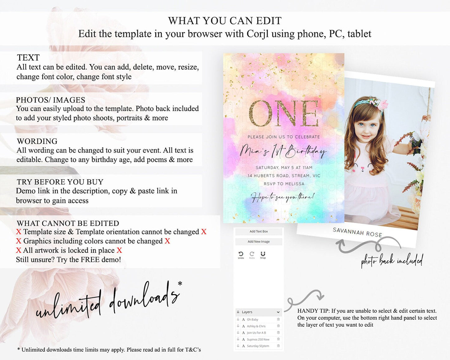 Rainbow Birthday Invitation Colorful Pastel Watercolor Invitation Gold Glitter Sprinkles Ombre Pastel 1st 2nd 3rd Birthday D10667