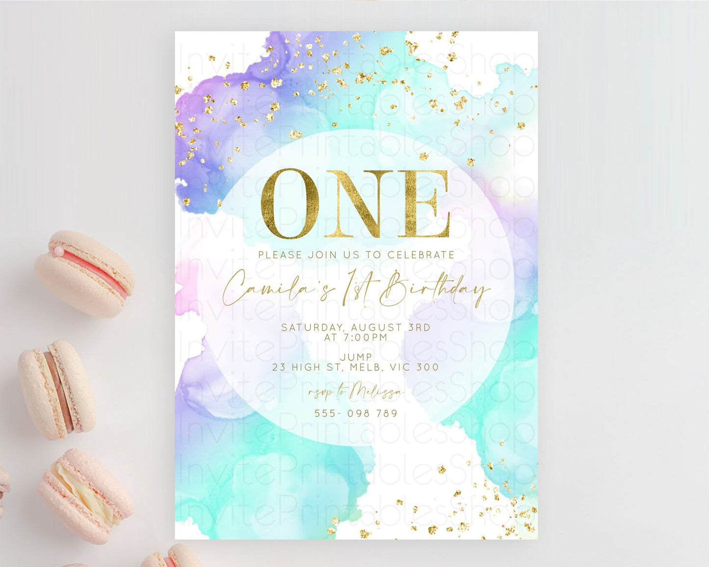 Rainbow Birthday Invitation Colorful Pastel Watercolor Invitation Gold Glitter Sprinkles Ombre Pastel 1st 2nd 3rd Birthday D10212