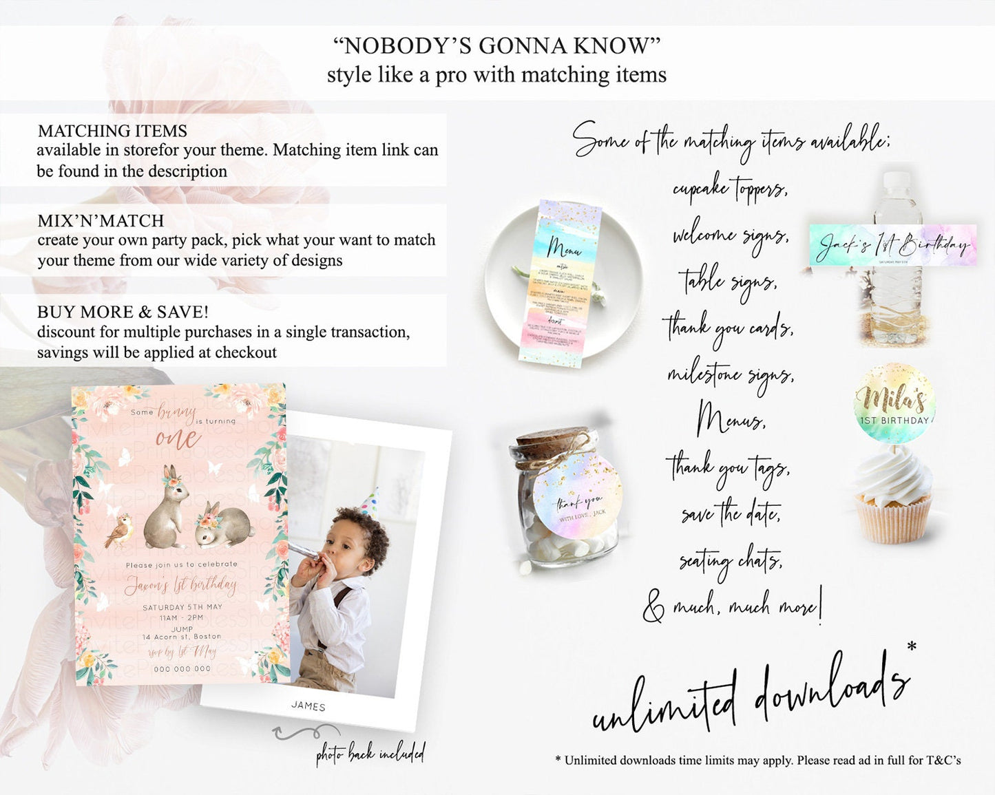 Bunny Birthday Invitation Floral Bunny Invitation Pastel Bunny Invites Pastel Watercolor Woodland Bunny Party 2nd 1st First Birthday D10922