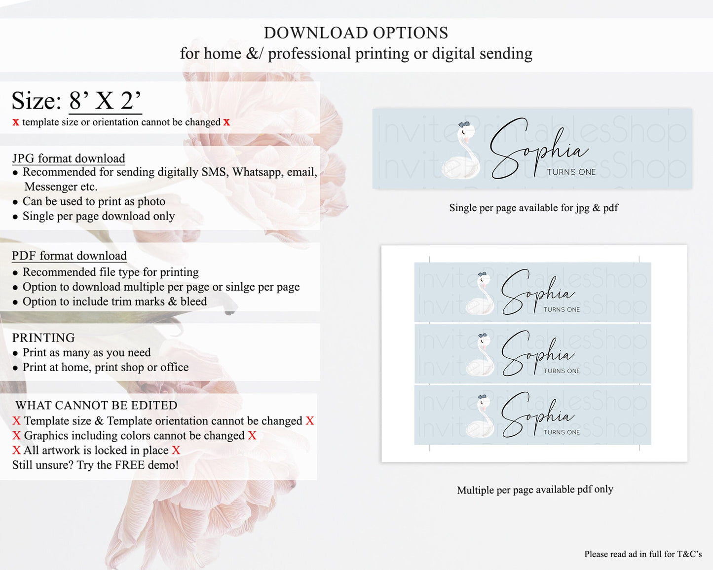 Swan Water Label Template Swan Princess Ballet Party Decor Enchanted Secret Garden Pastel Floral Birthday Baptism Baby Shower D10760