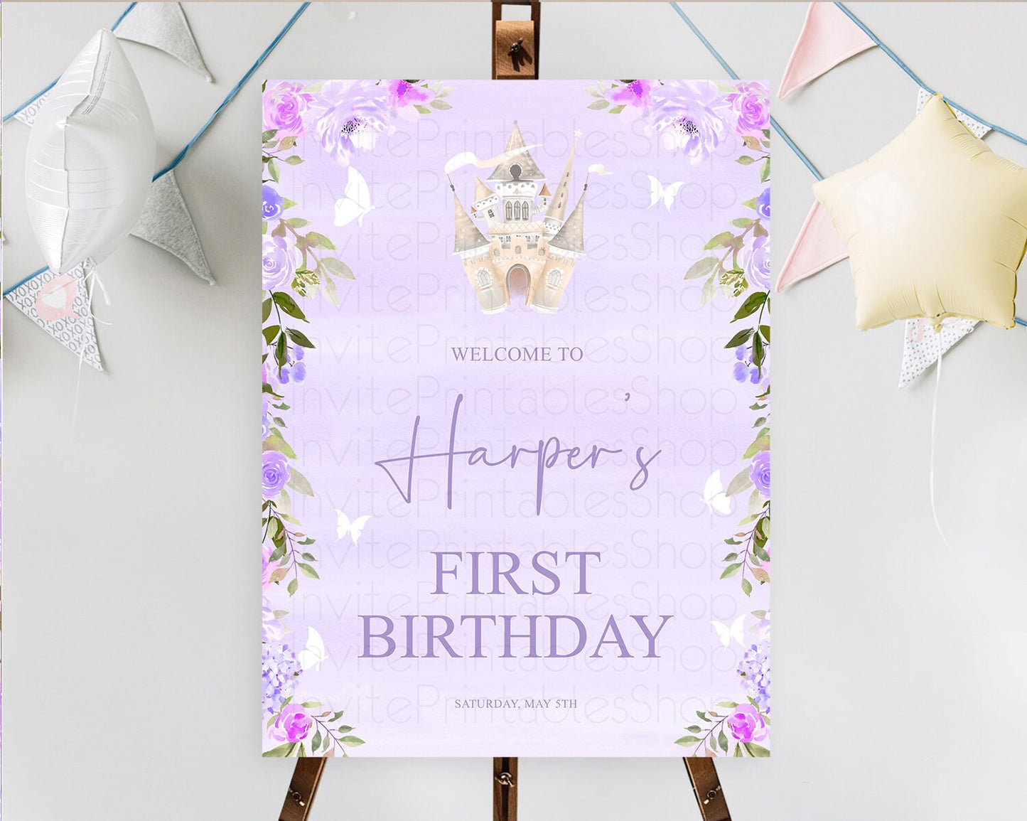 Princess Birthday Welcome Sign Castle Welcome Board Secret Garden Enchanted Castle Pastel Floral Garden First Birthday Welcome Sign D10339